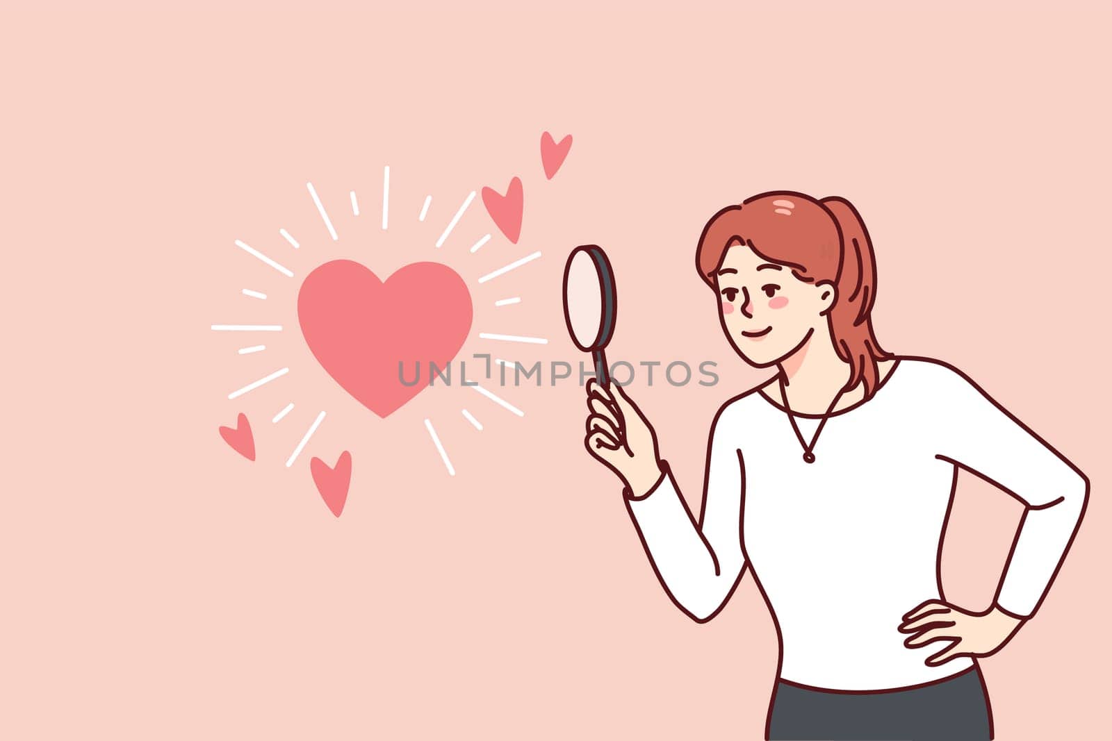 Woman holding magnifying glass looking at heart symbol. Happy girl looking for love or relationships with magnifier. Flat vector illustration.