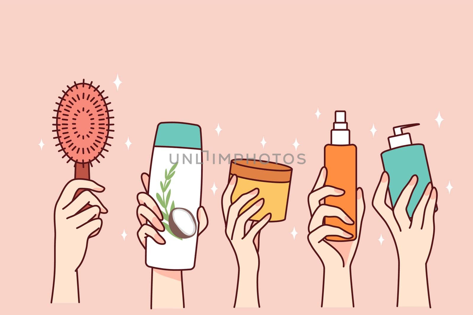 Hands holding bottles of cosmetic products. People recommend diverse beauty routine. Spa and cosmetology concept. Flat vector illustration.