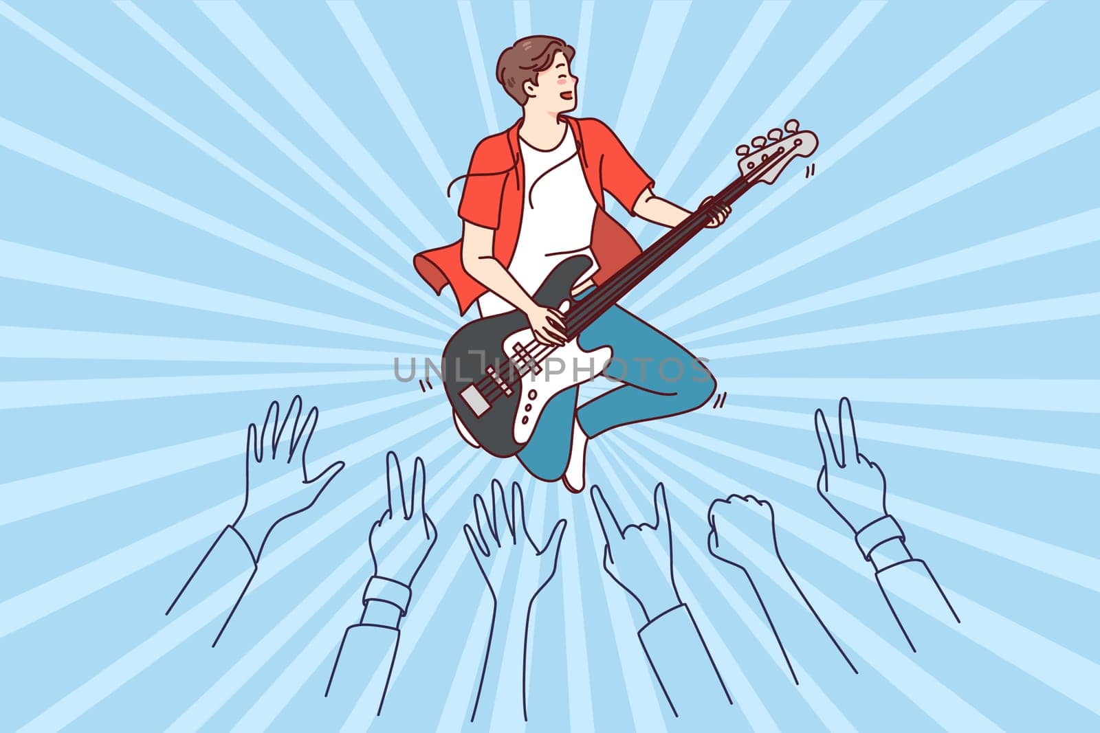 Crowd enjoying concert of male artist. Man performer playing guitar on stage for audience. Flat vector illustration.