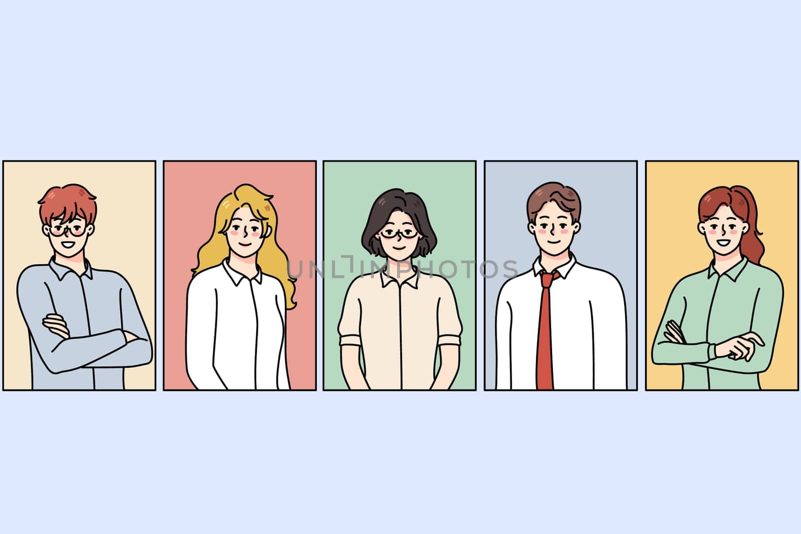 Portrait of diverse multiethnic employees or workers. Professional multiracial business group posing. Employment and recruitment. Vector illustration.