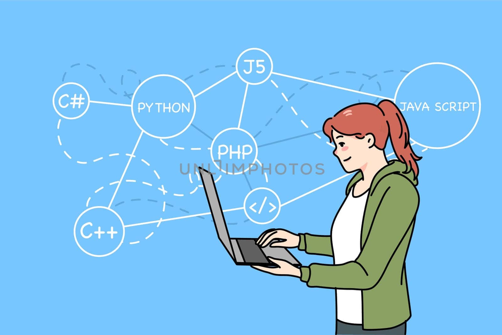Female programmer working on computer writing codes. Woman coder or software engineer busy at laptop. PHP, Java and Python languages. Flat vector illustration.