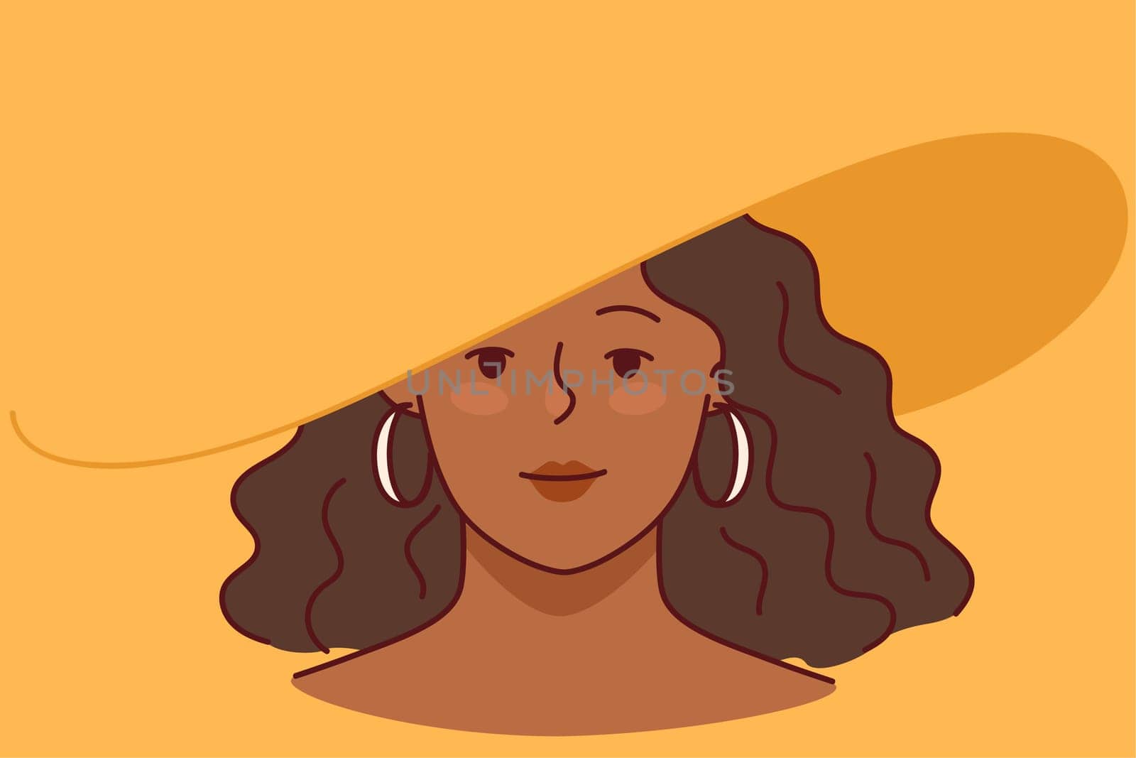 Happy confident African American woman wearing summer hat. Smiling biracial girl in headwear. Vector illustration.