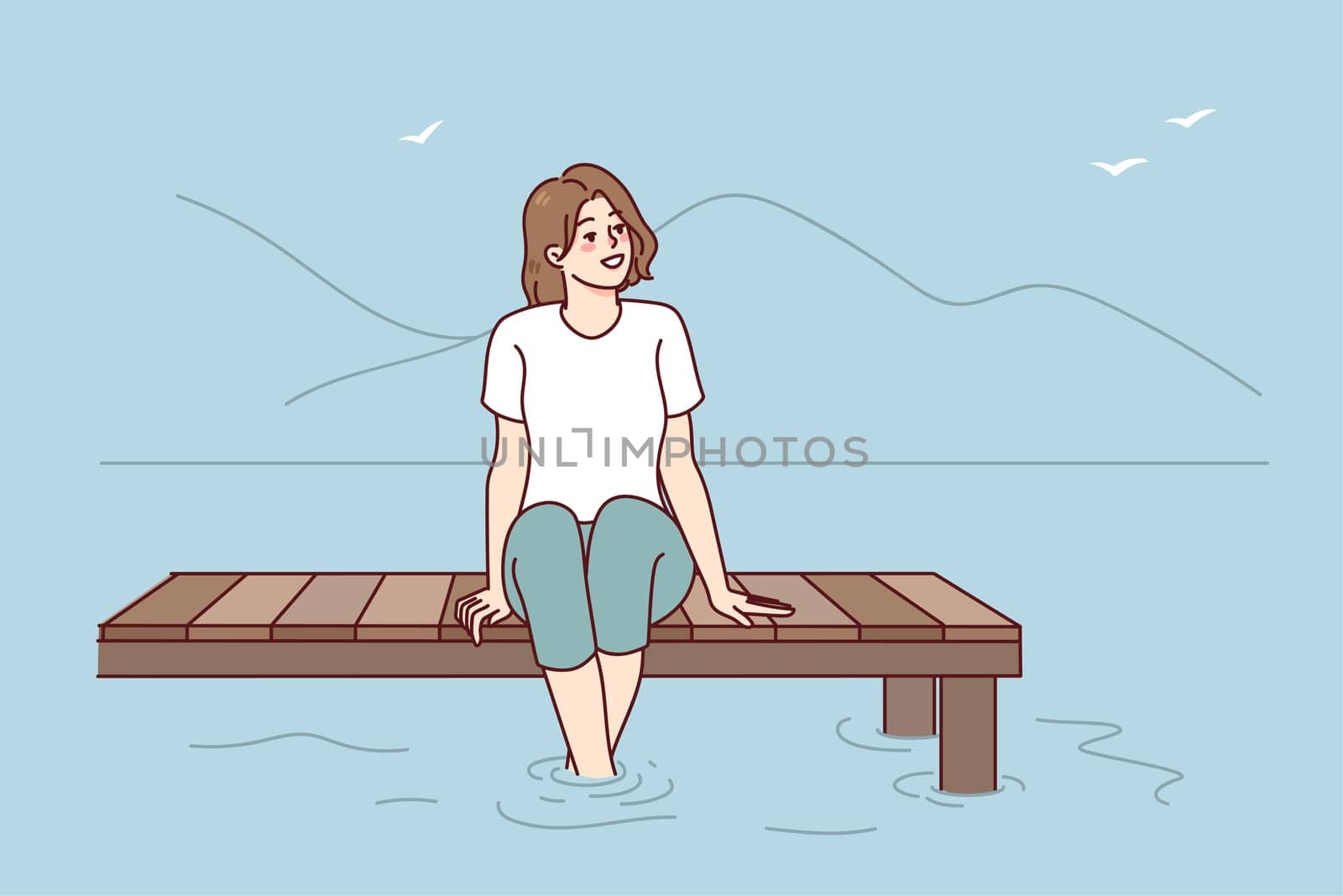 Happy woman sitting on pier near water enjoy summer vacation. Smiling girl relaxing on bridge on river enjoying holidays. Vector illustration. . Vector illustration