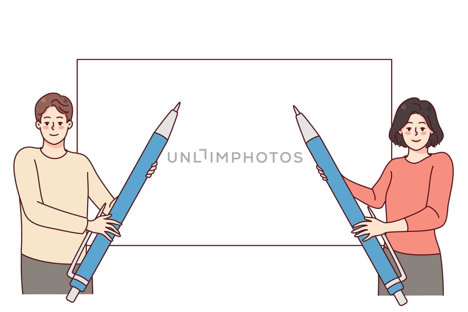 People with huge pens standing near big empty paper sheet. Man and woman near blank banner for advertising. Mockup, copy space. Vector illustration.