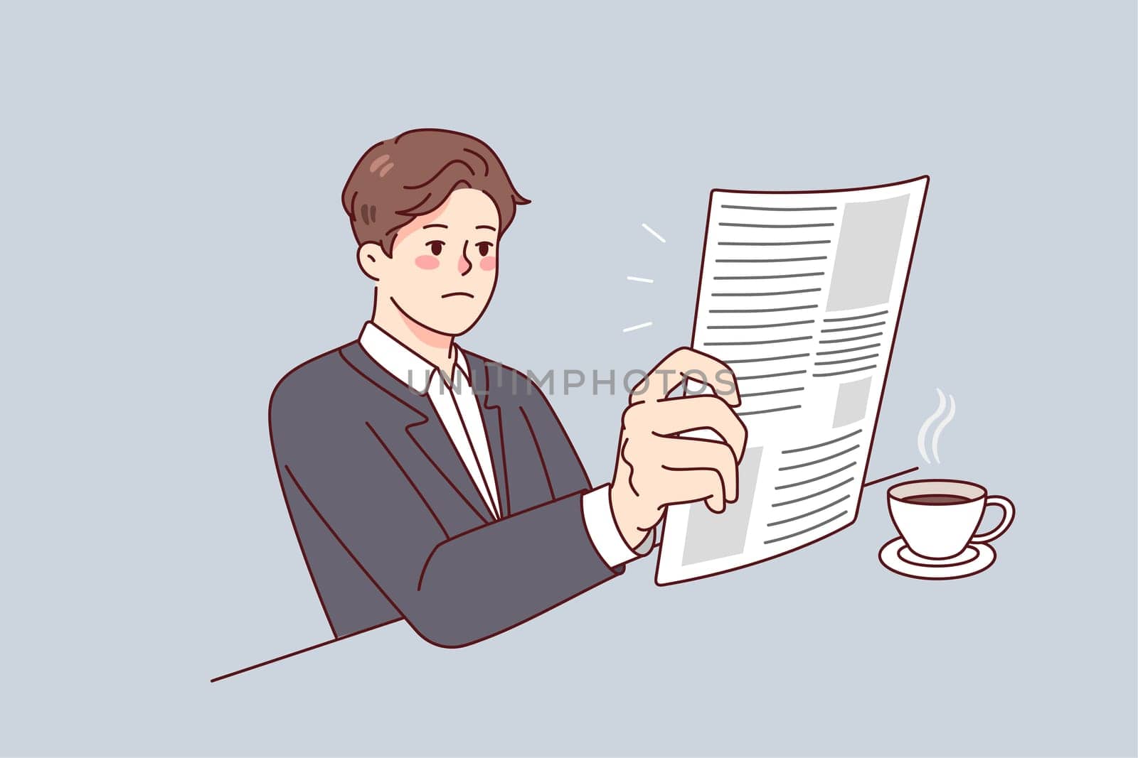Businessman sitting at table drinking coffee reading newspaper in morning. Serious man in suit enjoy press magazine in office. Flat vector illustration.