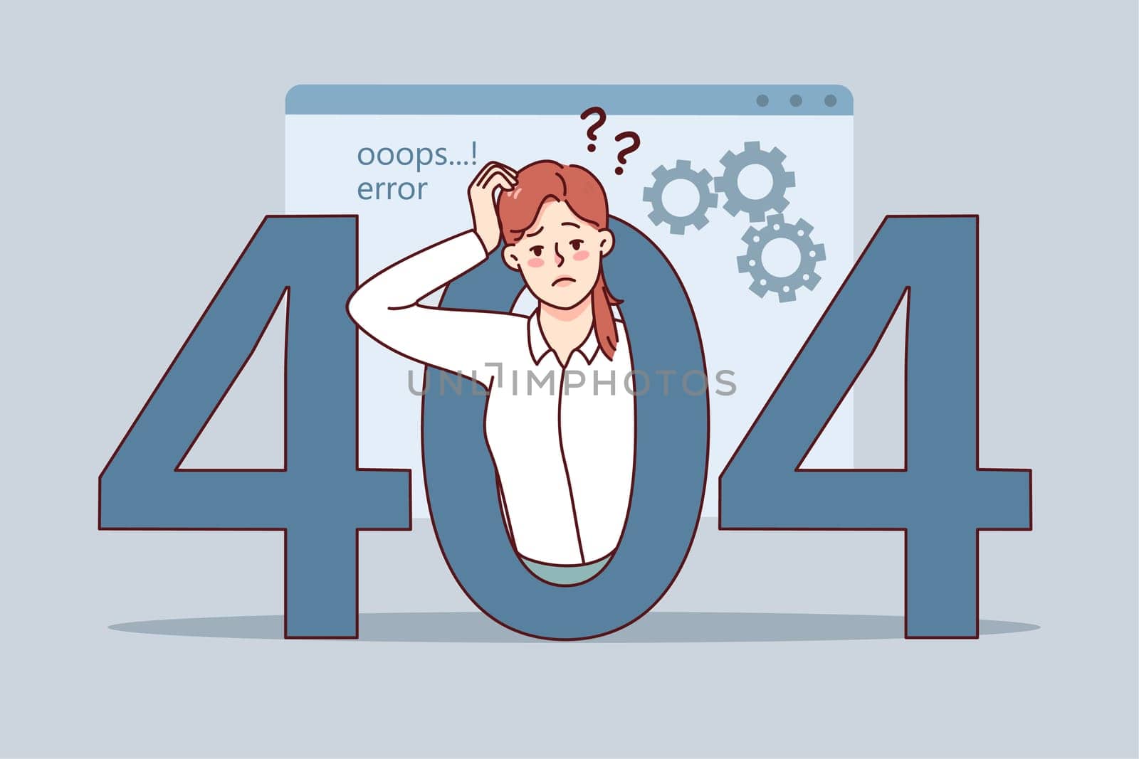 Confused woman experience 404 error on computer. Frustrated unhappy female employee have mistake message on gadget. Page not found. Vector illustration.