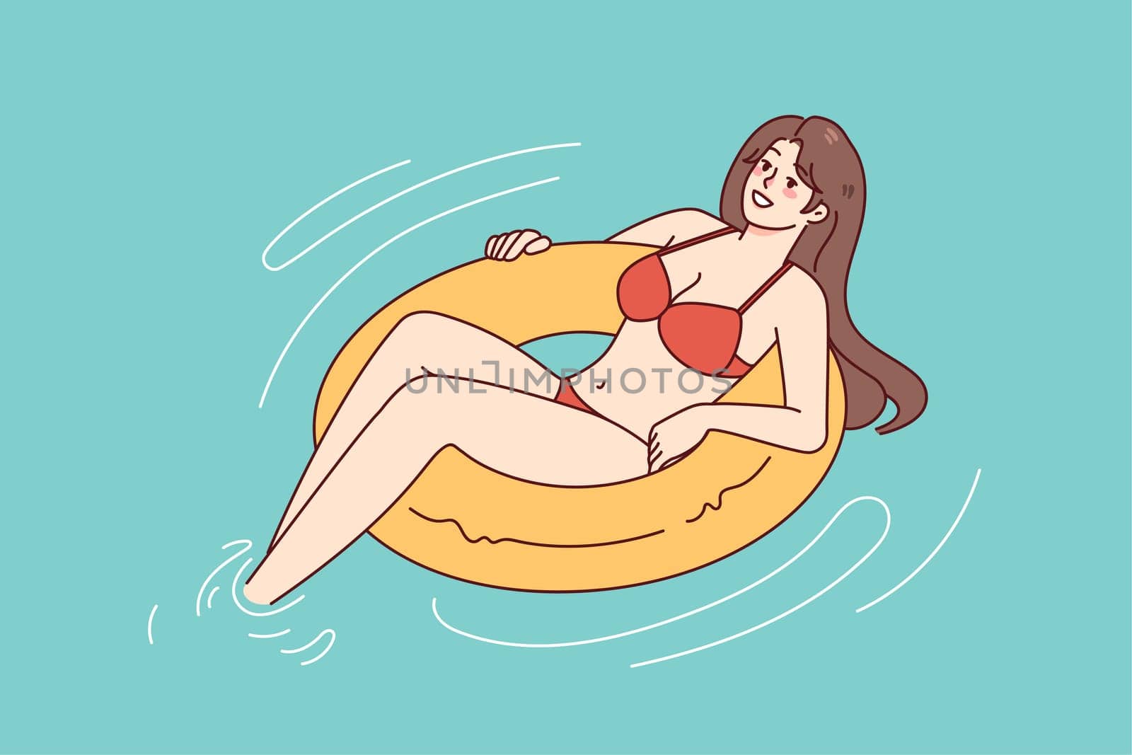 Happy woman in bikini on inflatable ring swimming in sea on summer vacation. Smiling girl enjoy holidays. Relaxation and recreation. Vector illustration.