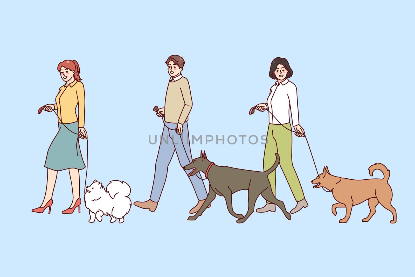 People with dogs on leashes walking on canine contest. Pet owners with domestic animals on competition. Vector illustration.