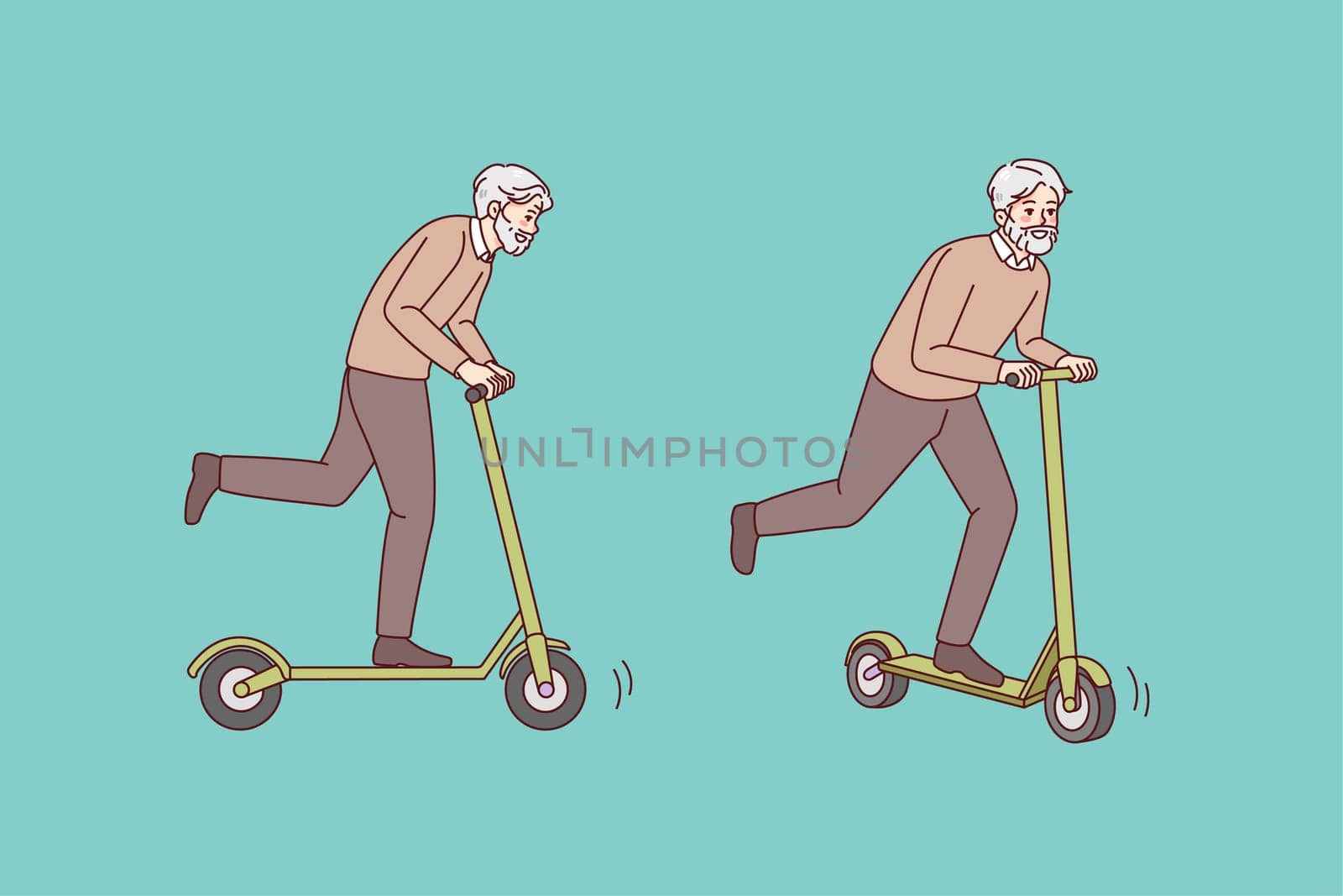 Overjoyed energetic elderly man have fun riding on scooter outdoors. Happy active mature grandfather feel joyful and positive enjoy outdoors activity. Vector illustration.
