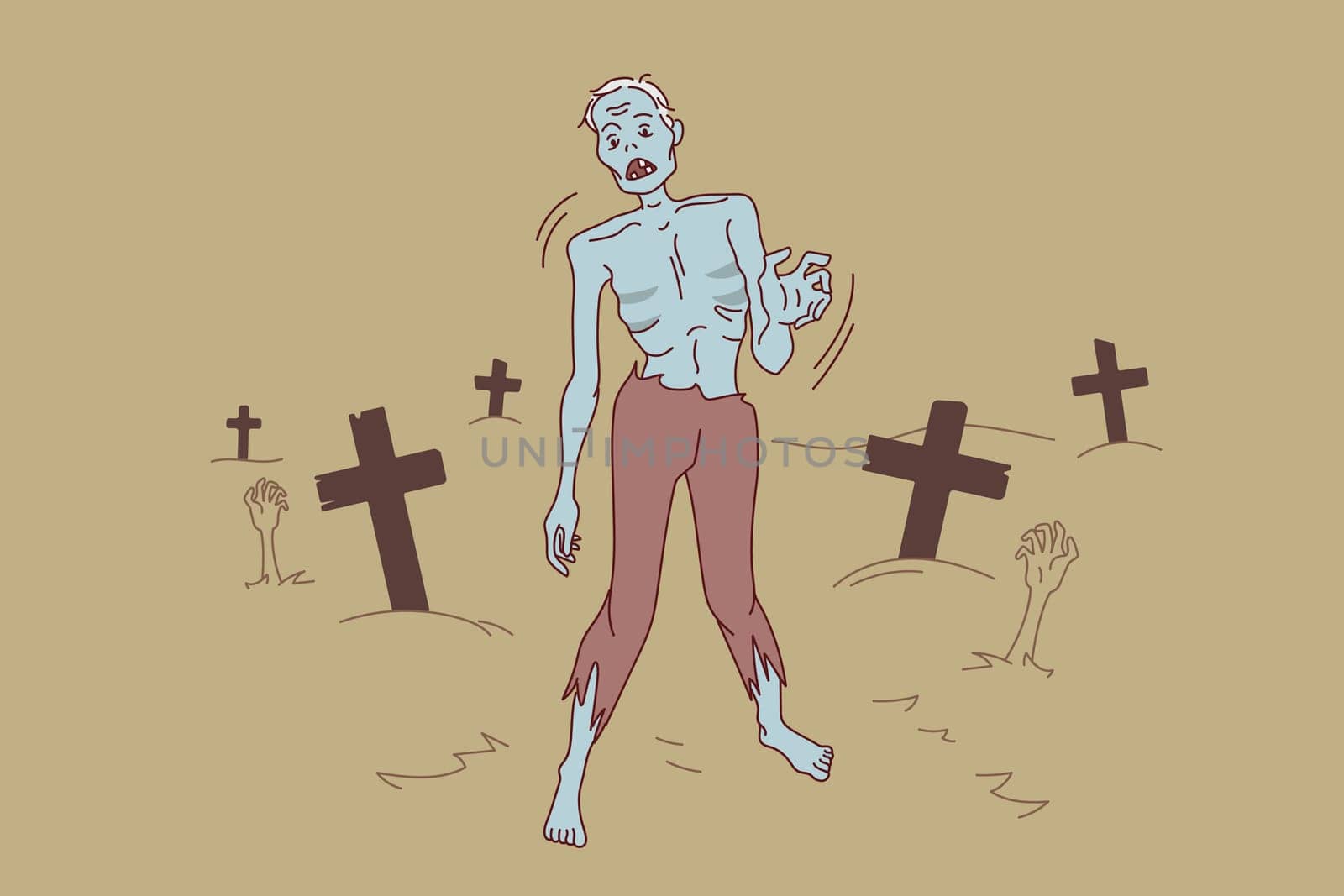 Zombie walking on cemetery at night. Creepy monster on Halloween outside. Walking dead. Vector illustration.