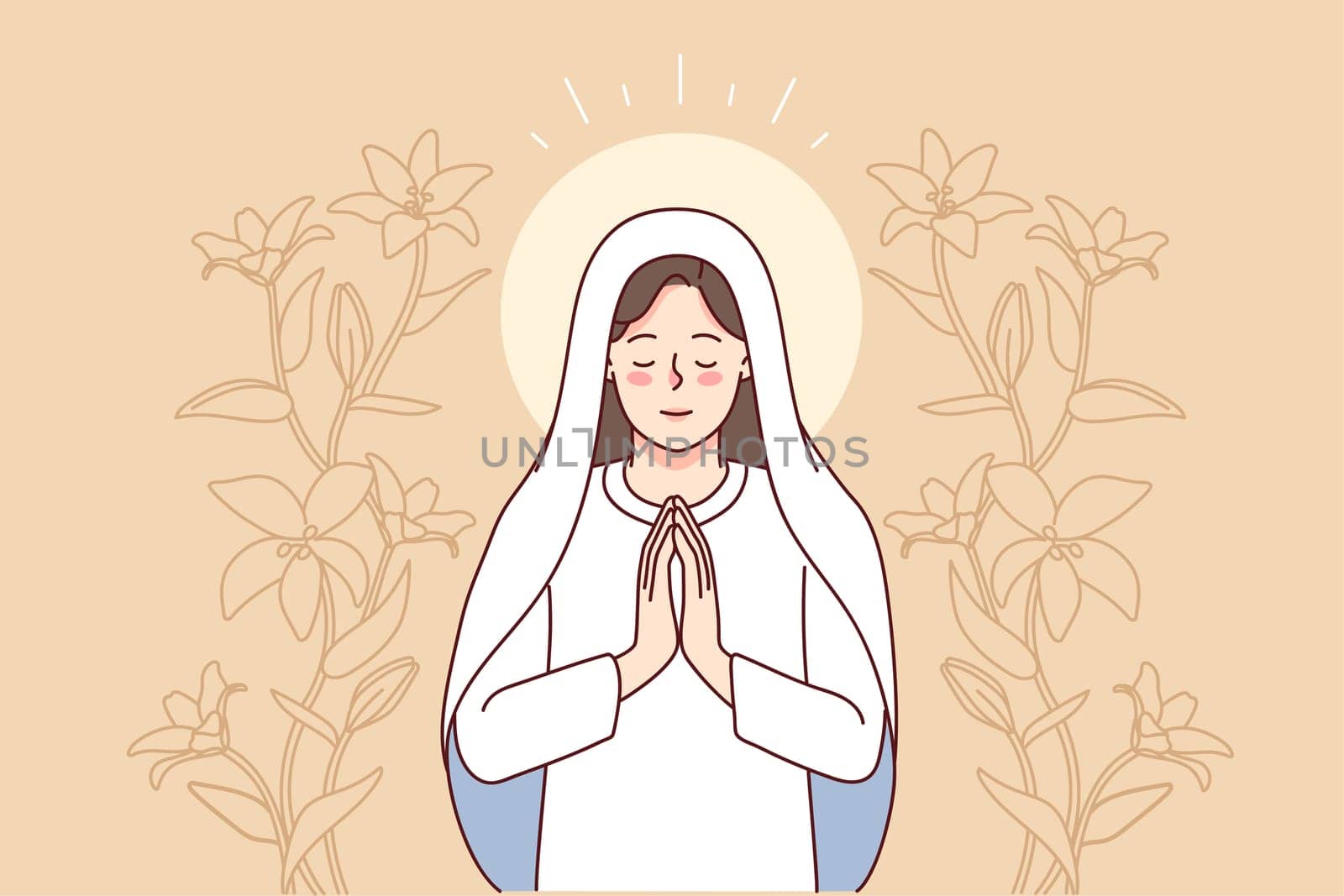 Virgin Mary surrounded by lilies praying. Mother of Jesus Christ in prayer. Faith and religion. Vector illustration.