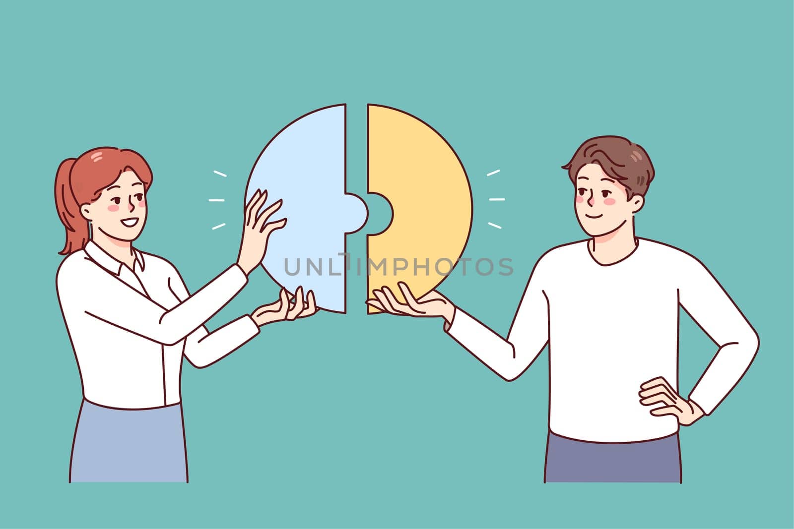 Happy businesspeople connect pieces of jigsaw find solution together. Smiling employees look for solution. Teamwork and problem solving. Flat vector illustration.