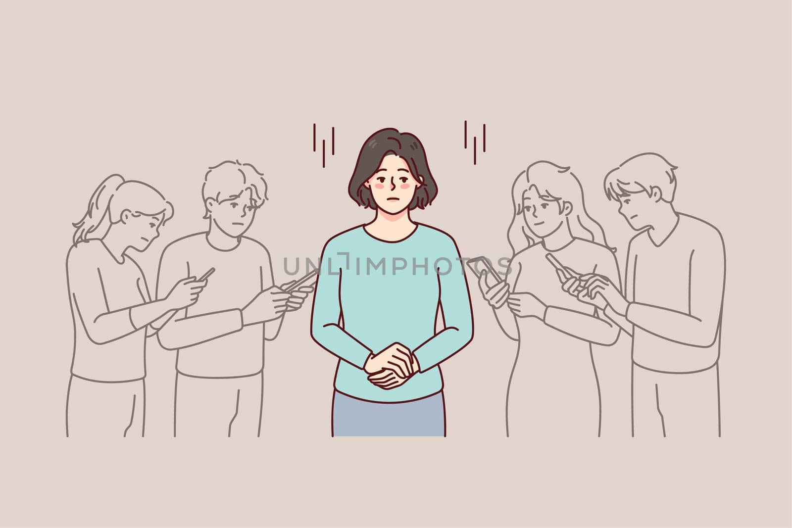 Young woman in people crowd using cellphone feeling lonely and isolated. Unhappy frustrated female separated from group with smartphones. Gadget addiction. Vector illustration.