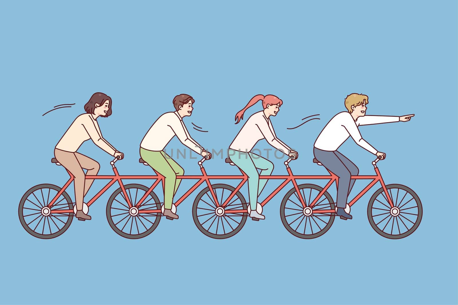 People riding one bike together. Business team on bicycle engaged in teamwork. Teambuilding and unity in office. Vector illustration.
