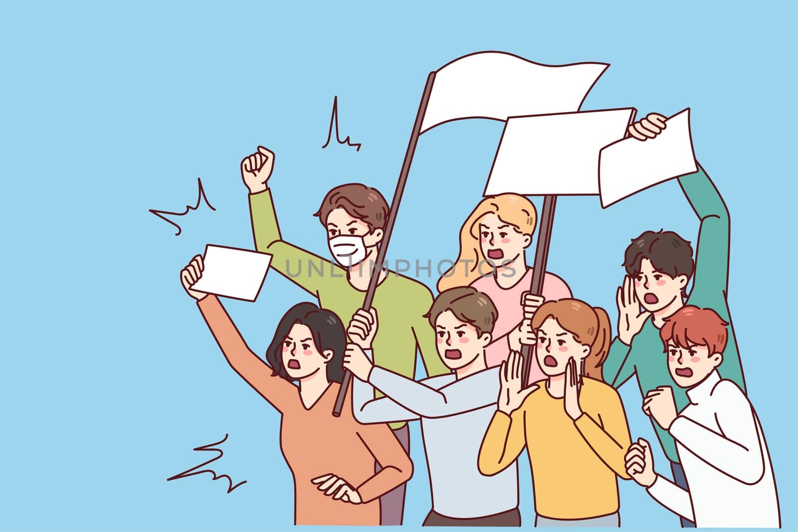 Angry people with placards protest on demonstration or riot. Furious activists stand against discrimination on meeting. Vector illustration.