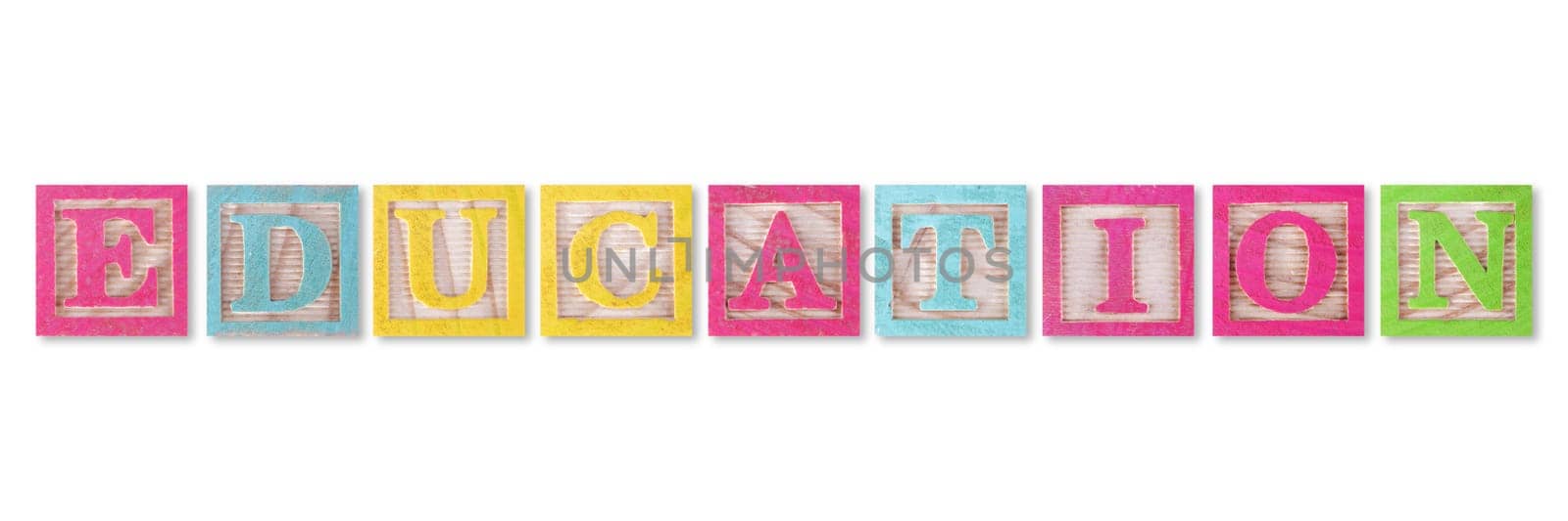An education concept with childs wood blocks on white with clipping path to remove shadow