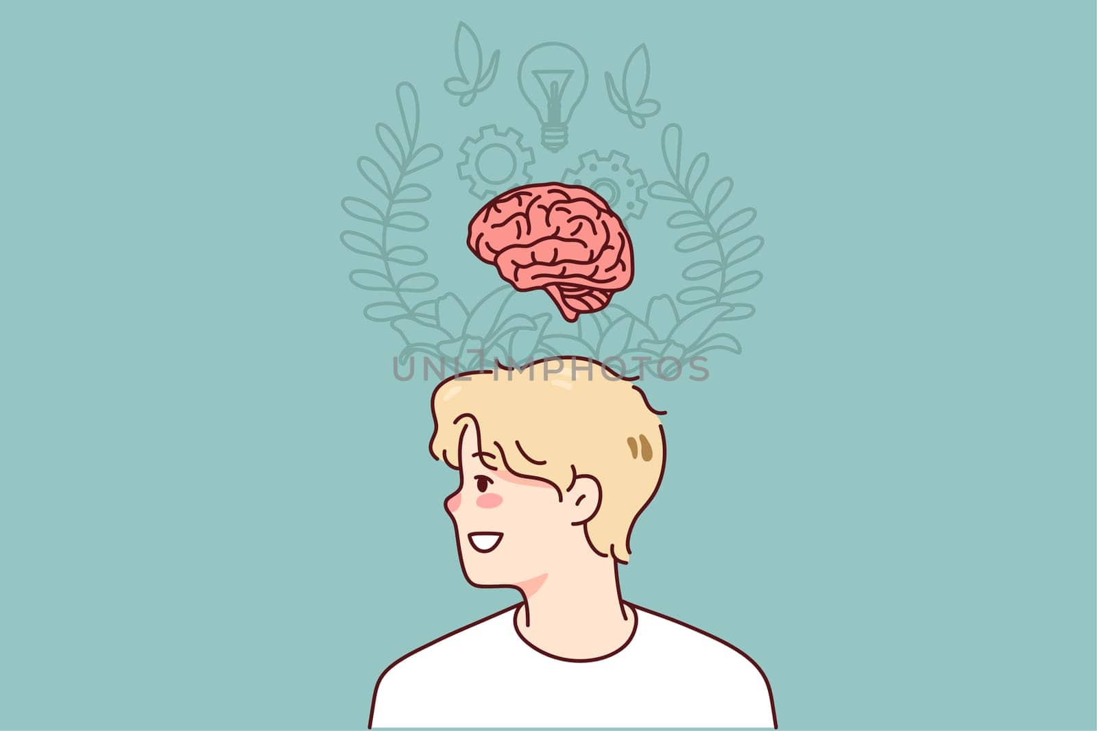 Man brainstorming generating innovative idea. Motivated inspired guy involved in creative thinking process. Intelligence and innovation. Vector illustration.