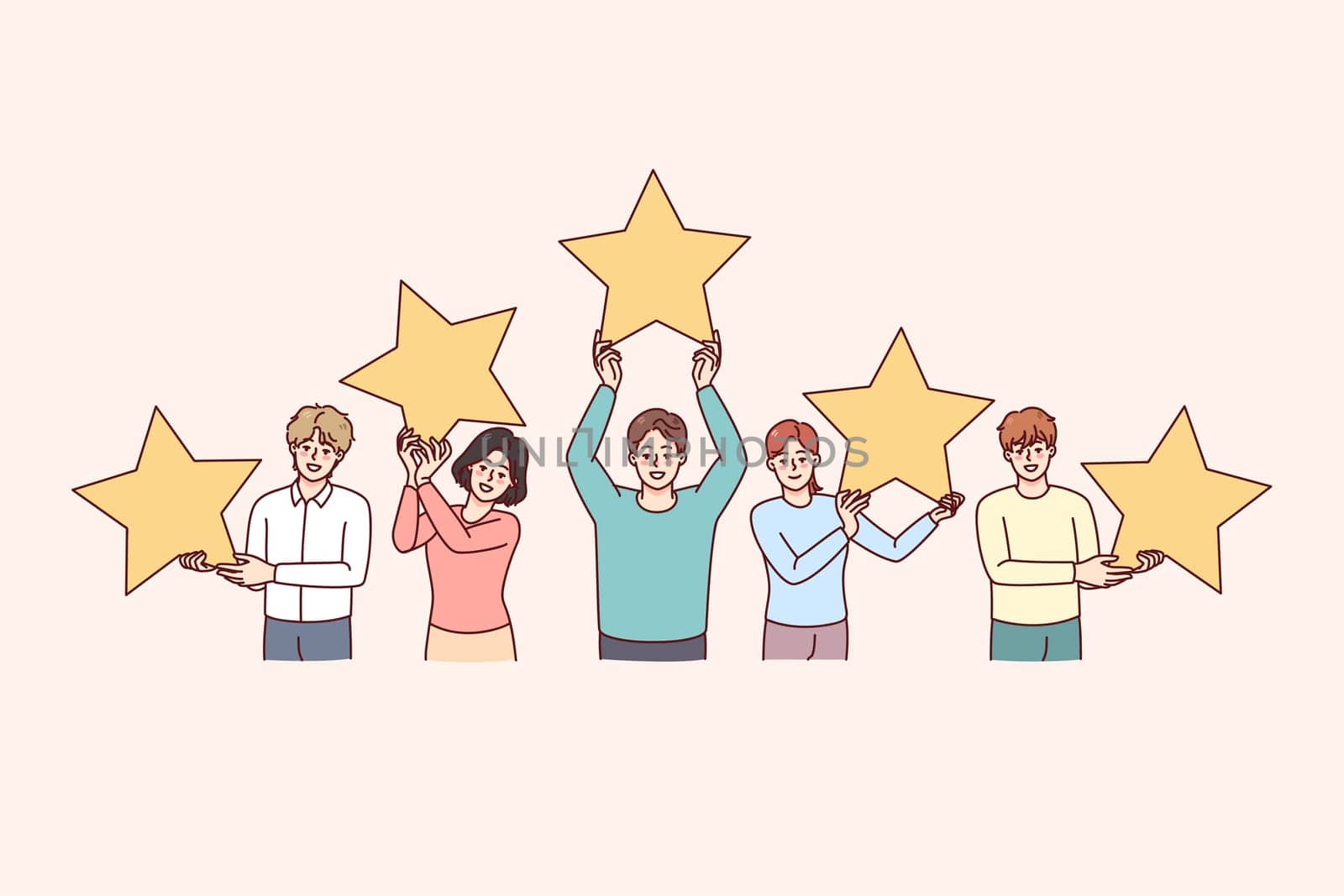 People holding stars give customer feedback to bad or good quality service. Men and women rate with star. Client opinion and choice. Vector illustration.