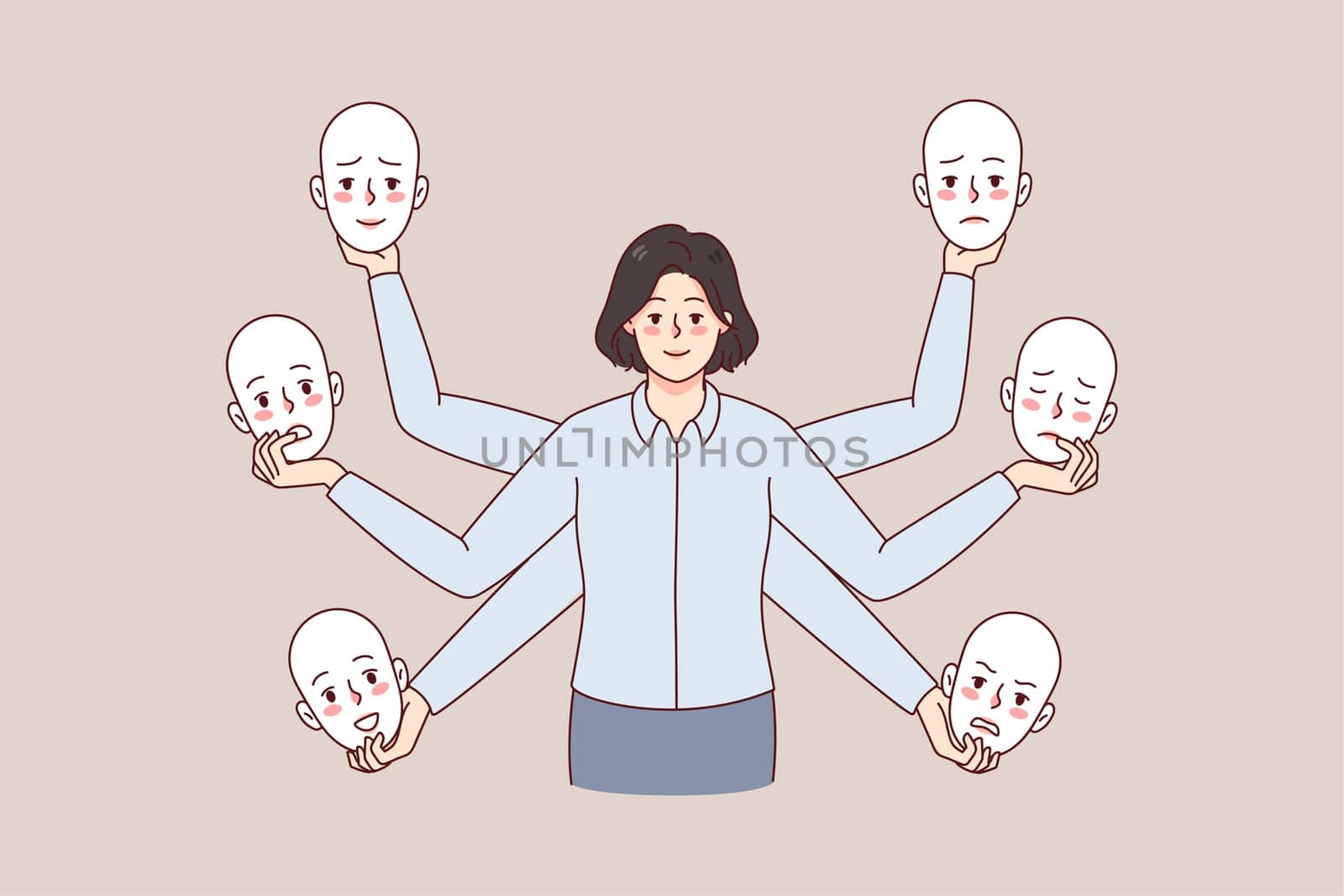 Businesswoman holding different masks choose moods and emotions in office. Woman feel emotional. Liar or bipolar disorder. Flat vector illustration.