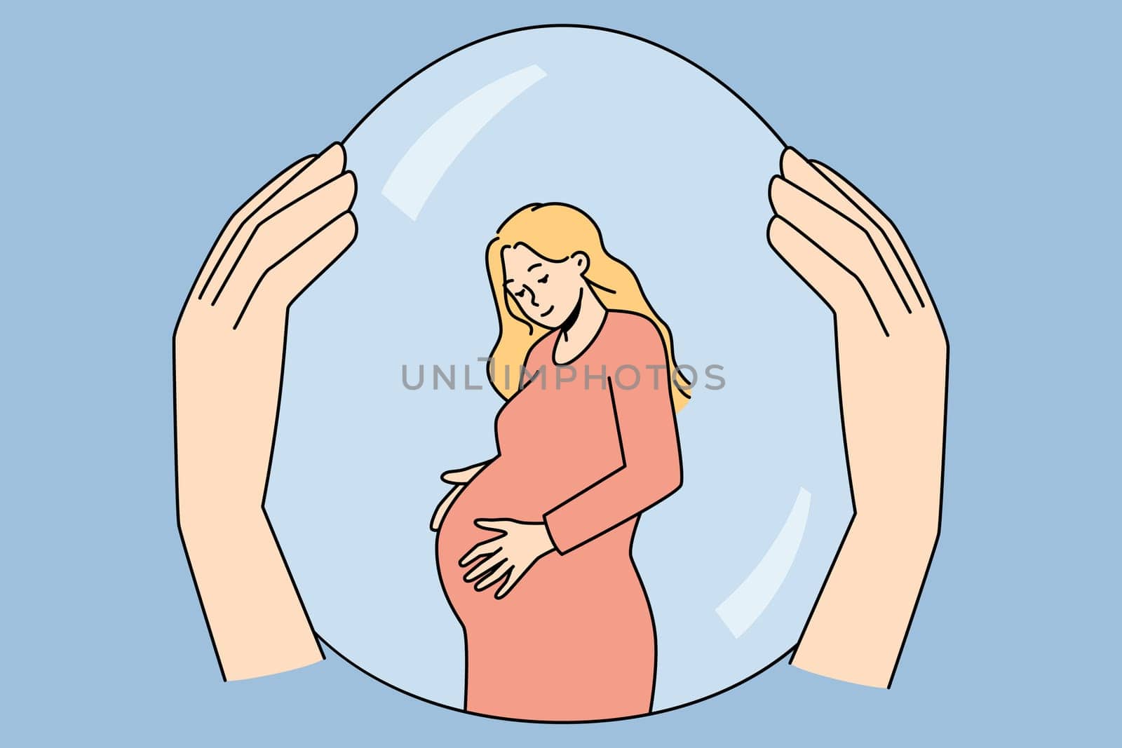 Hands holding pregnant woman in safety bubble. Female with belly protected from society. Motherhood and pregnancy concept. Vector illustration.