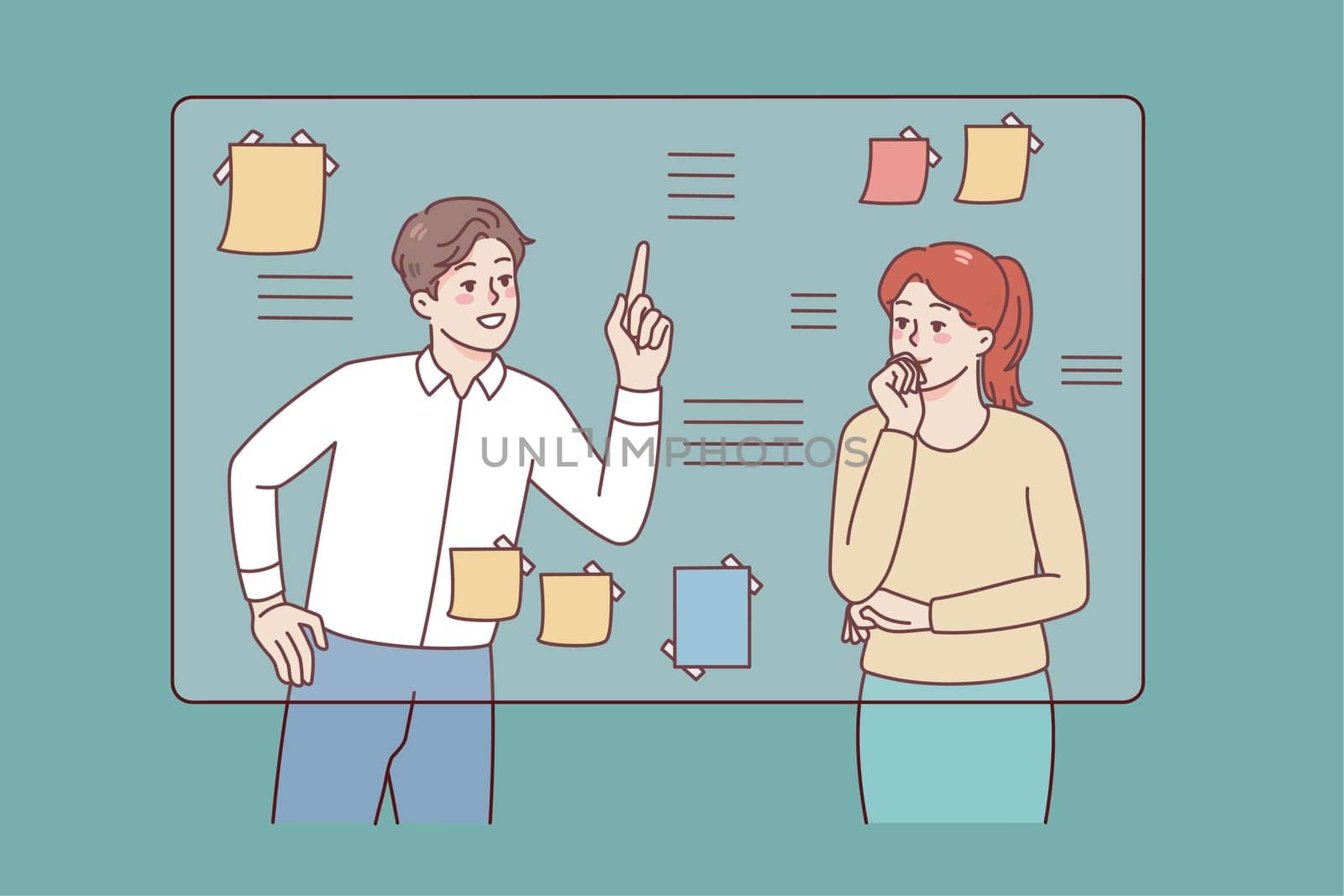 Businesspeople near board in office engaged in brainstorming think over project together. Man and woman consider business plan or project. Teamwork. Vector illustration.