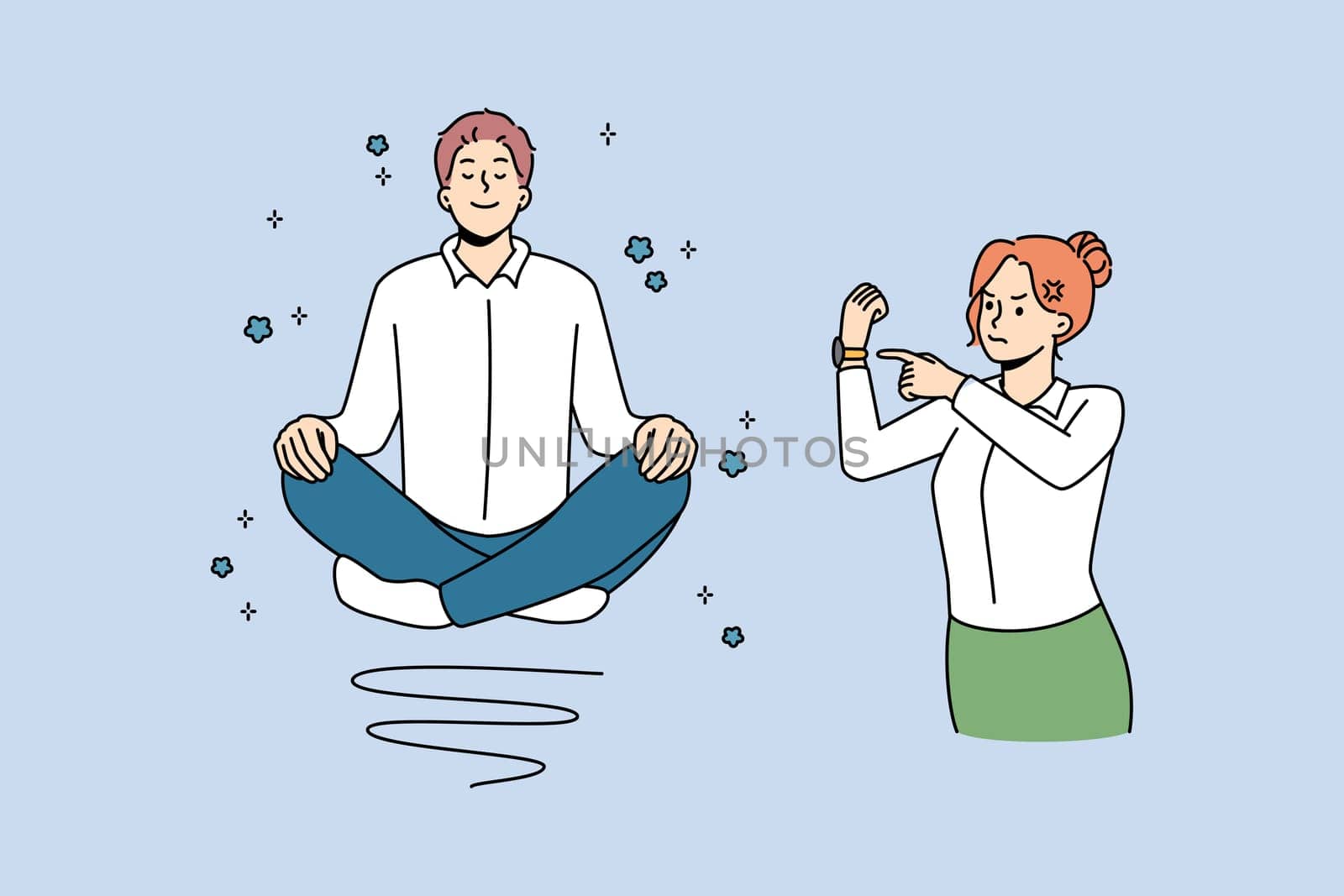 Calm man meditate at work, angry boss stressed about deadline. Relaxed and distressed employees at workplace. Time management. Vector illustration.