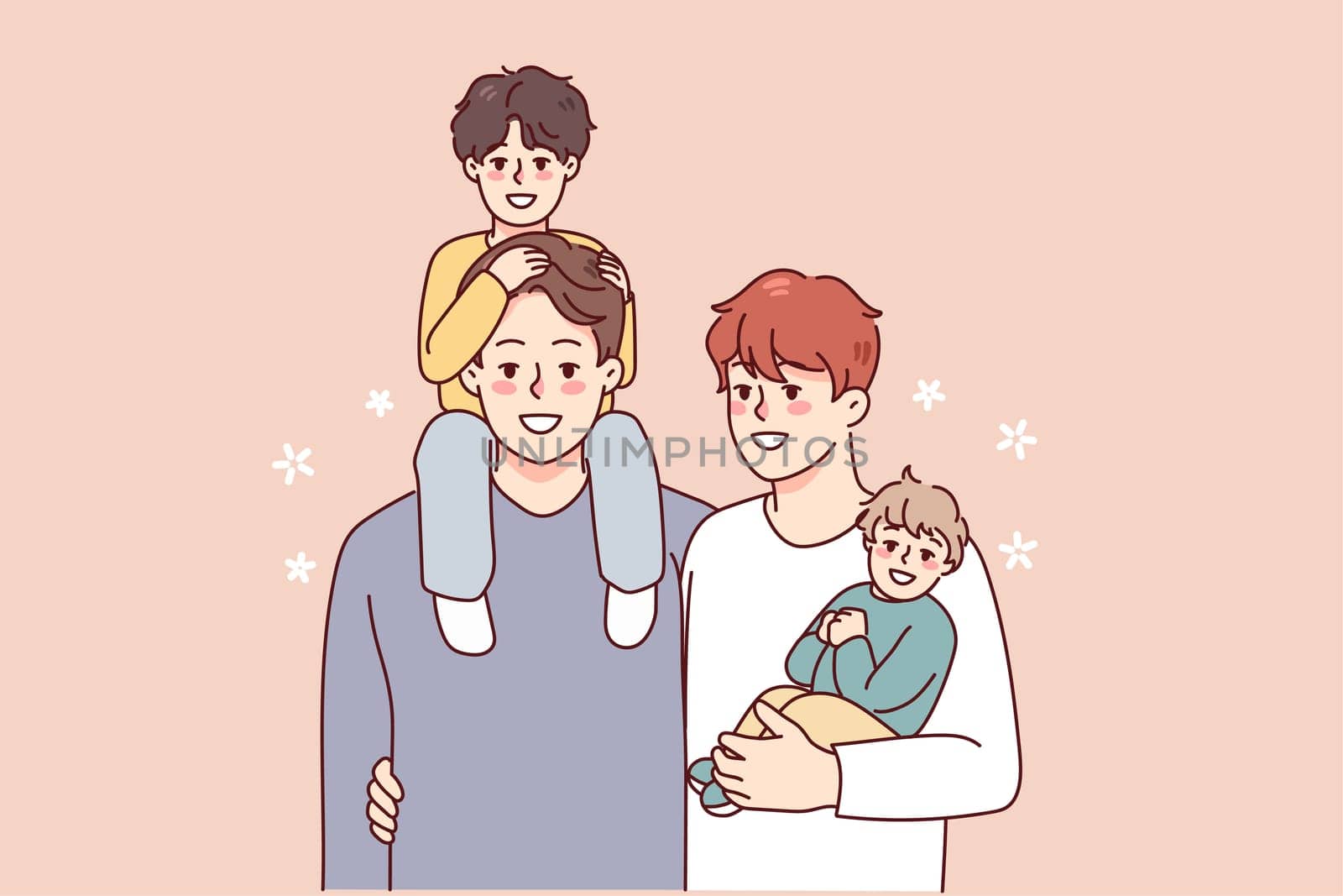 Happy homosexual men with small kids establish family. Smiling gay couple adopting children. LGBTQ parents. Vector illustration.