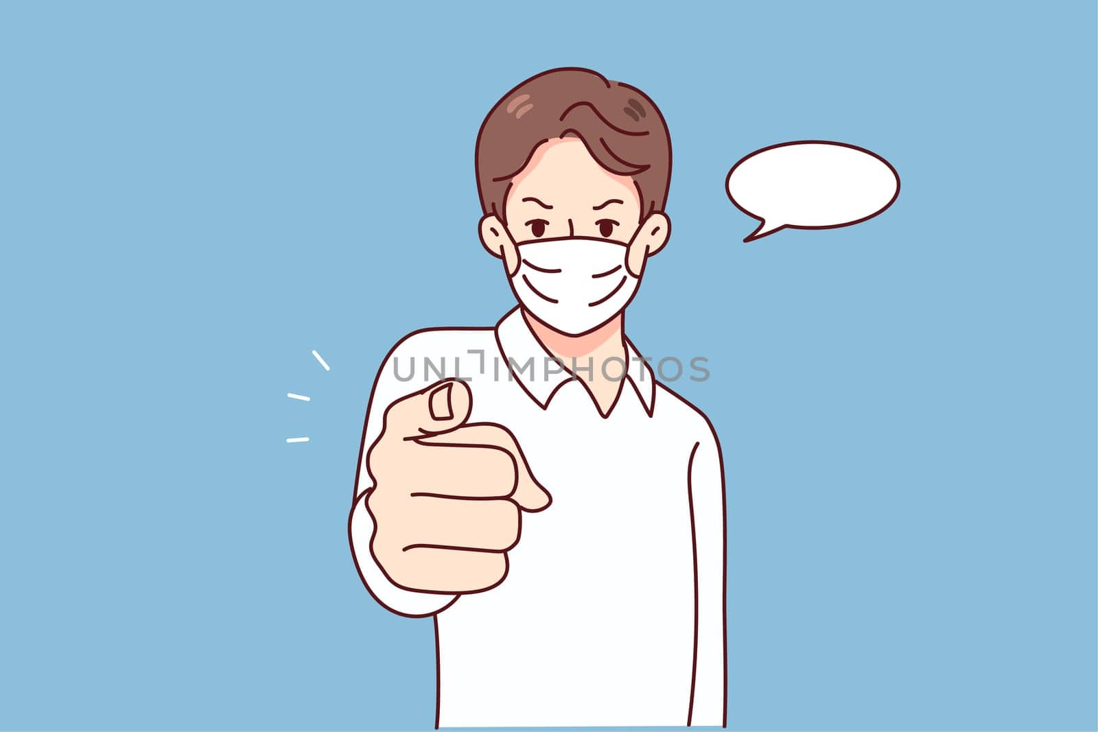 Man in mask point at screen make people stay home during covid-19 lockdown. Male in facemask ask everyone keep distance. Coronavirus concept. Vector illustration.