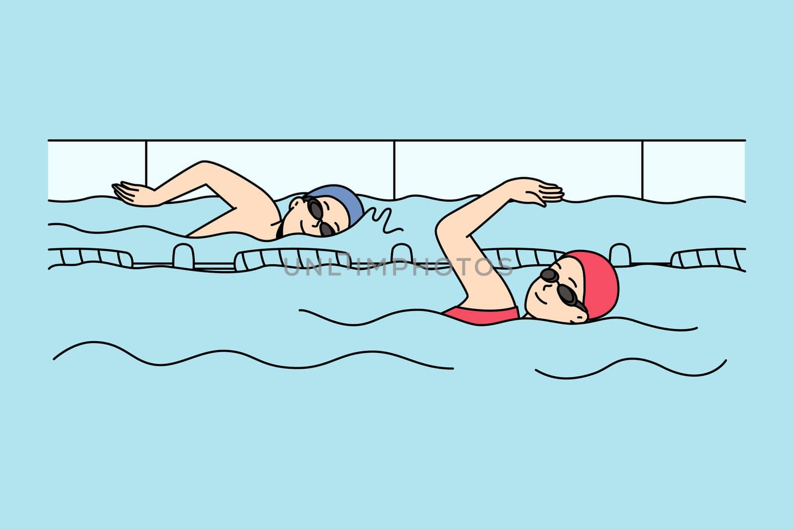 People swimming in indoors pool. Sportsmen in gear training for competition. Physical activity and sport concept. Vector illustration.