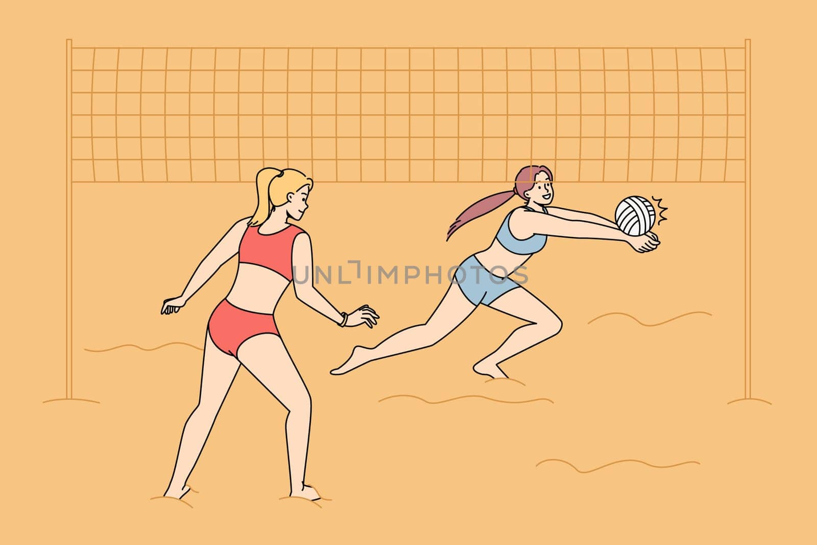 Women in swimsuits playing volleyball on beach. Smiling active girls in bikini involved in sport activity on seashore on summer holidays. Vector illustration.