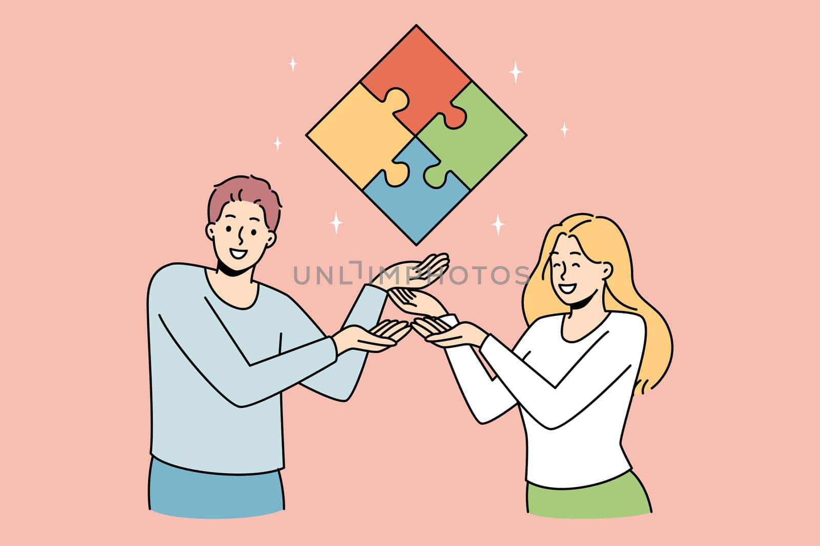 Happy businesspeople showing jigsaw puzzle coming to shared business conclusion or solution. Smiling colleagues solve problem. Teamwork and cooperation. Vector illustration.