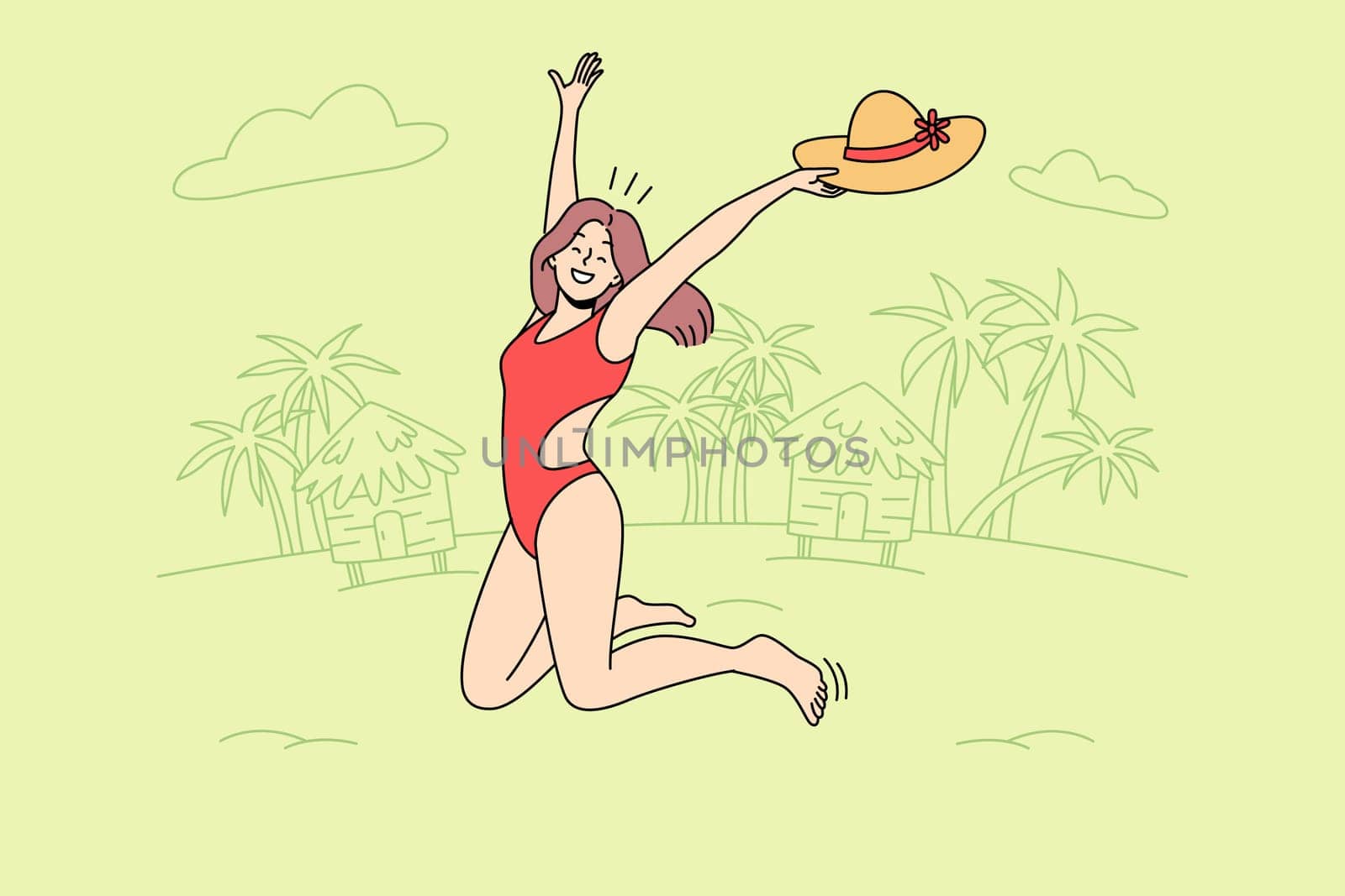 Overjoyed young woman in swimsuit jumping on beach enjoying summer vacation. Happy girl in bikini excited with summertime holidays. Vector illustration.
