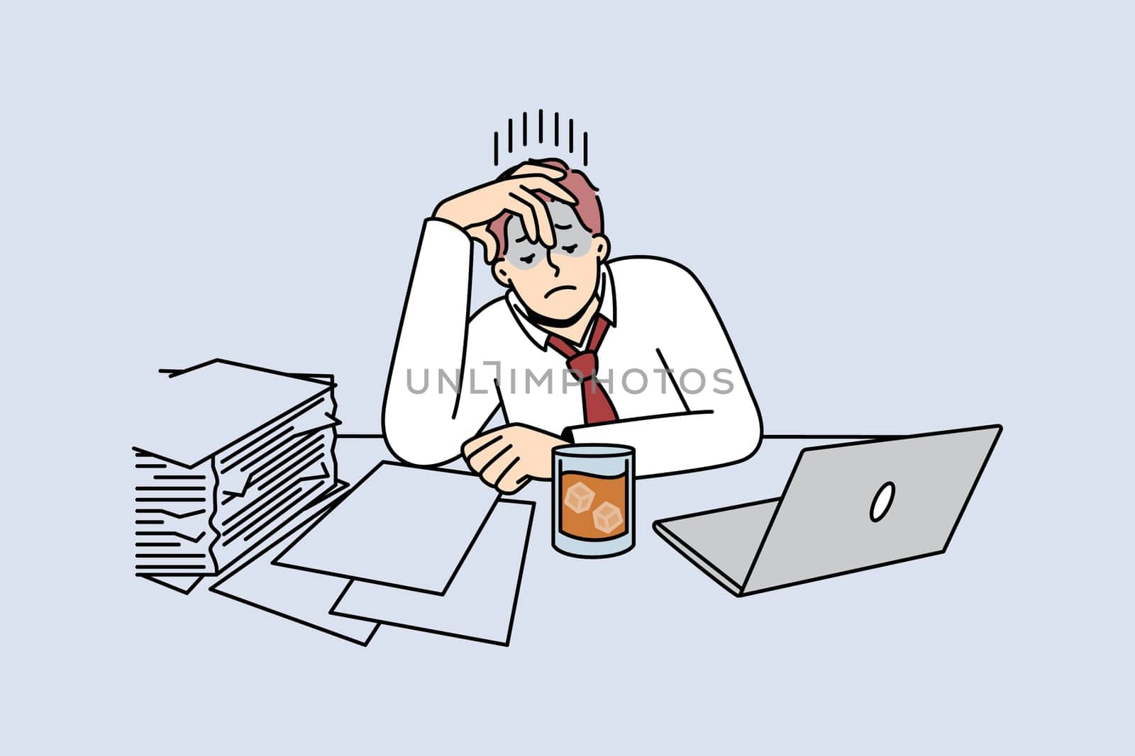 Tired businessman with glass of whiskey on table suffer from job burnout. Male journalist or editor feel stressed overwhelmed with work. Vector illustration.