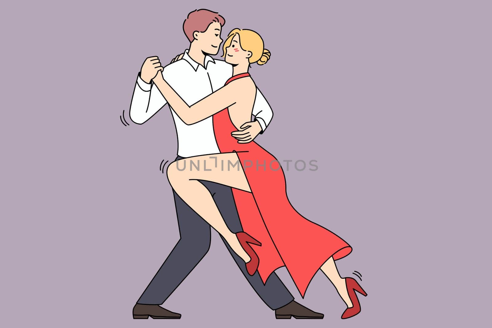 Sexy young woman in red dress dancing tango together. Sensual couple enjoy romantic dance. Hobby and leisure. Vector illustration.