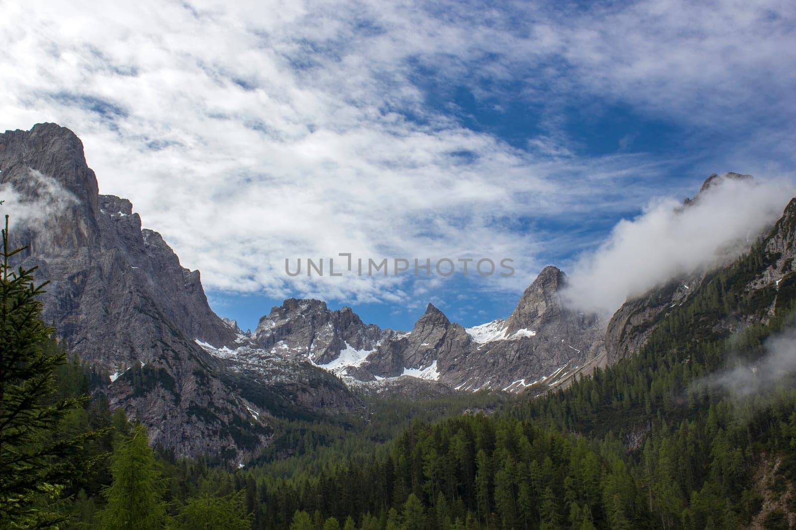 Landscape of Lienz Dolomites in Austria. Panorama of massive Alpine mountains. East Tyrol