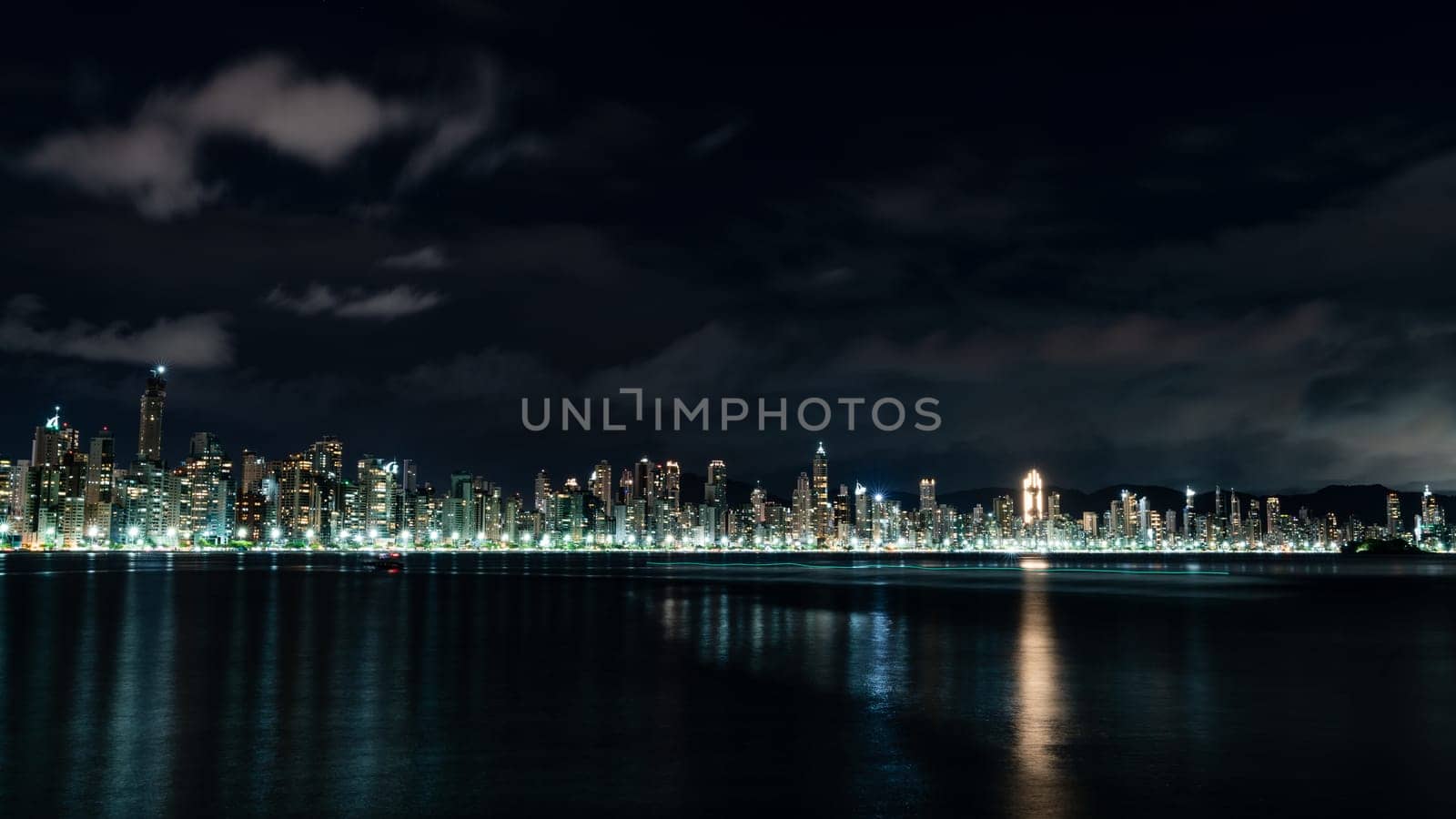 Nighttime view of Balneario Camboriu skyline.. Santa Catarina, Brazil