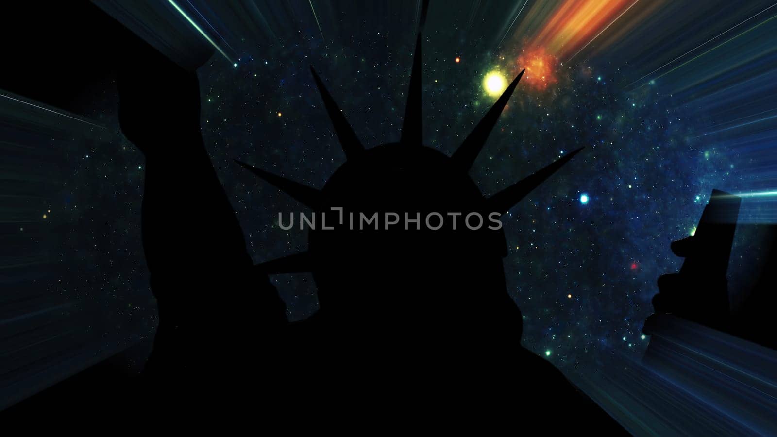 Statue of liberty against Stars in the night with light rays,Statue of liberty against Stars in the night with light rays