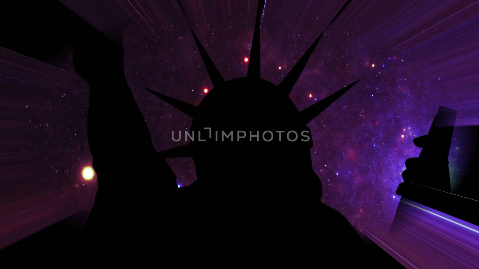 Statue of liberty against Stars in the night with light rays,Statue of liberty against Stars in the night with light rays