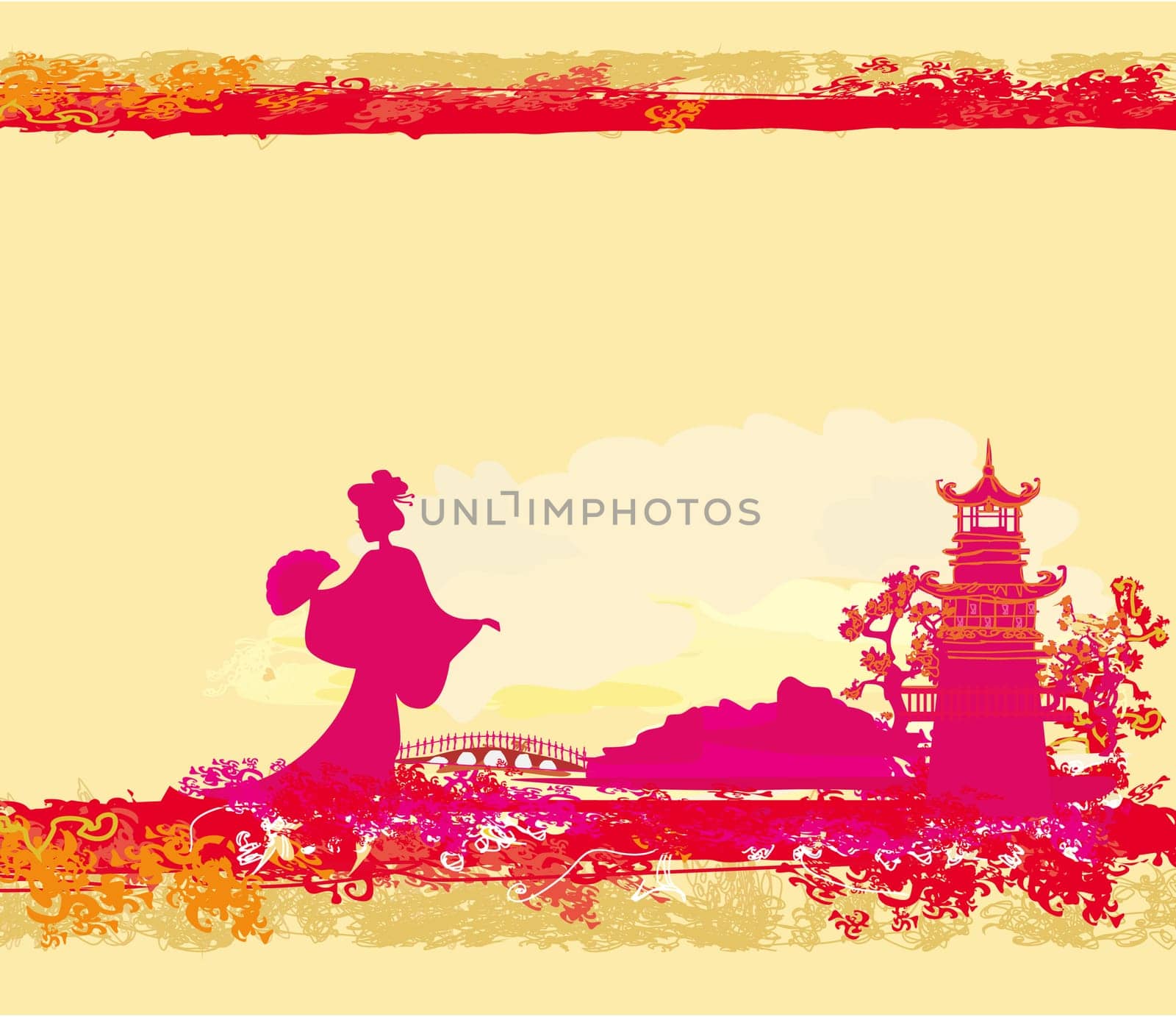 abstract Asian Landscape and beautiful Asian geisha girl