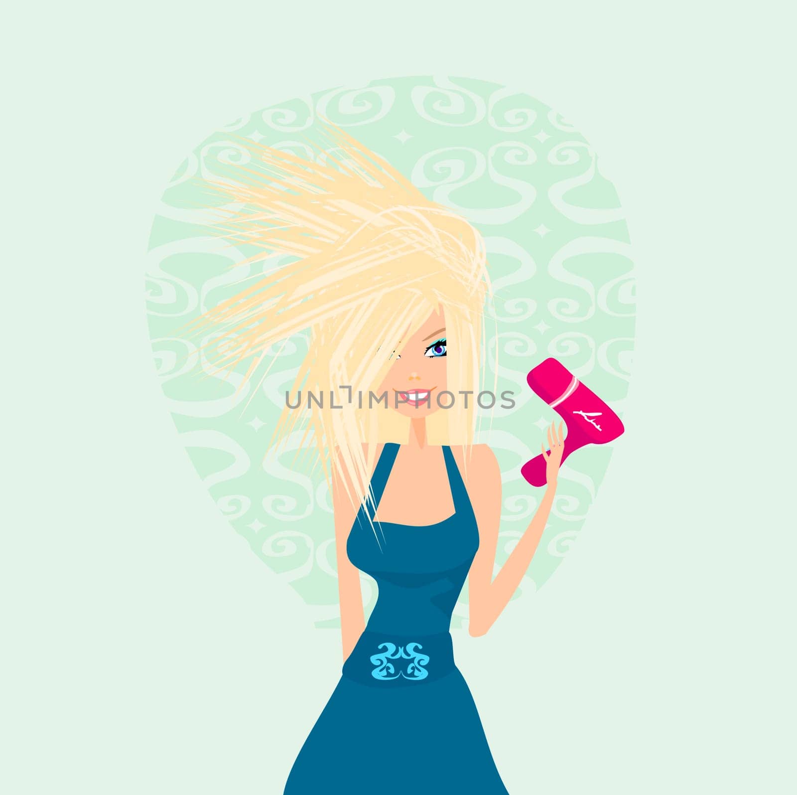 beautiful woman drying her hair by dryer