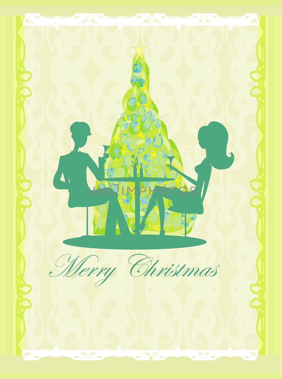 Young couple flirt and drink champagne near by Christmas Tree