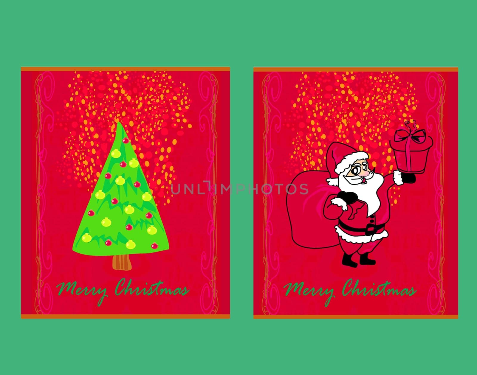 Happy New year cards with Santa and christmas tree