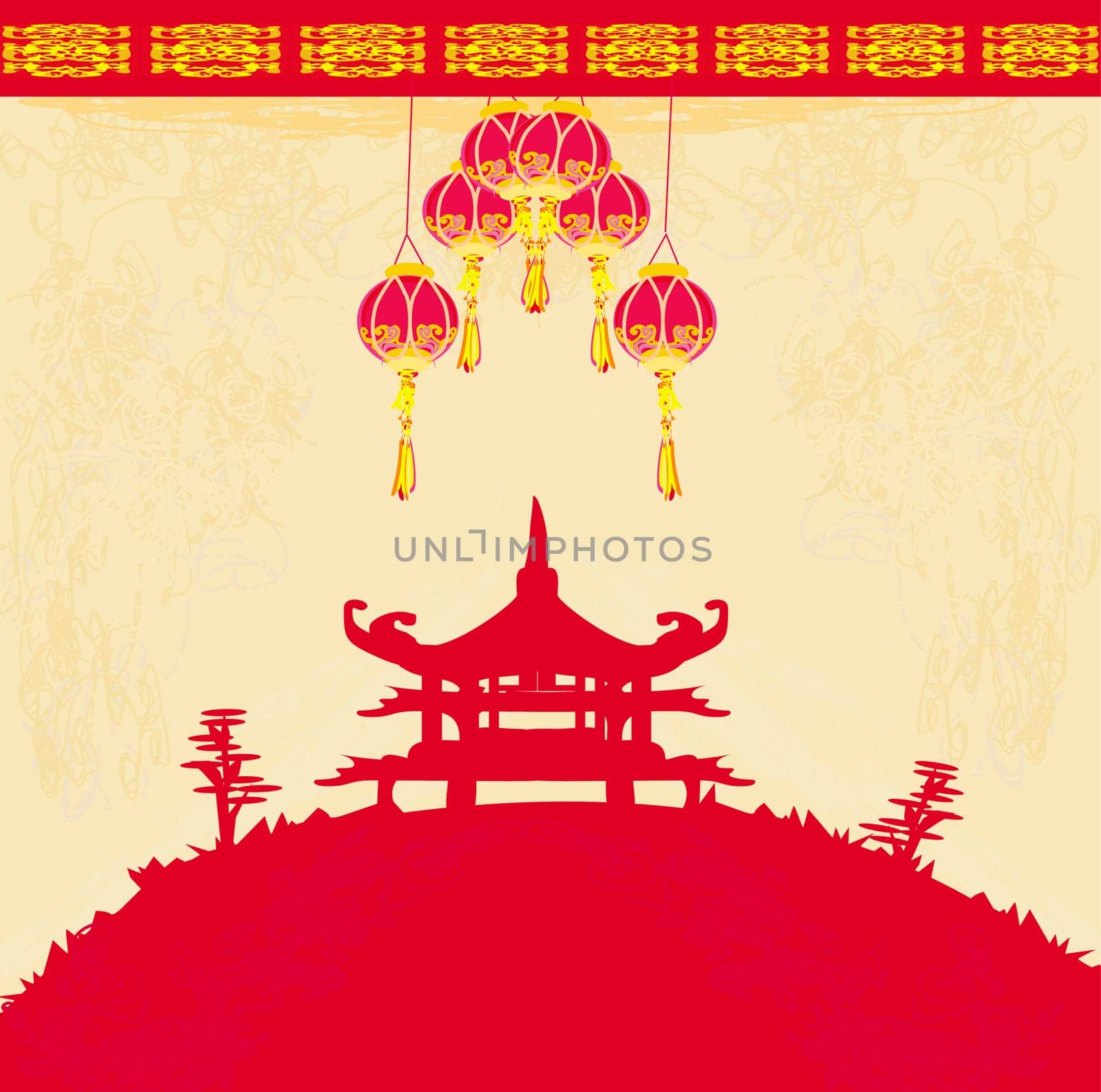old paper with Asian Landscape and Chinese Lanterns - vintage