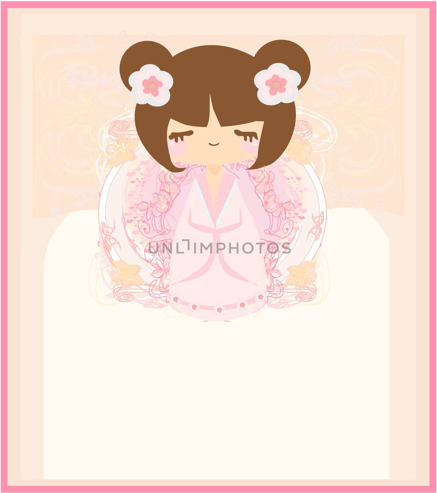 Kokeshi doll on the pink background with floral ornament