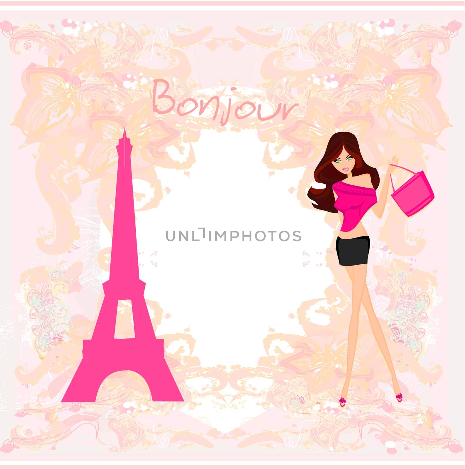 beautiful women Shopping in Paris - vector card