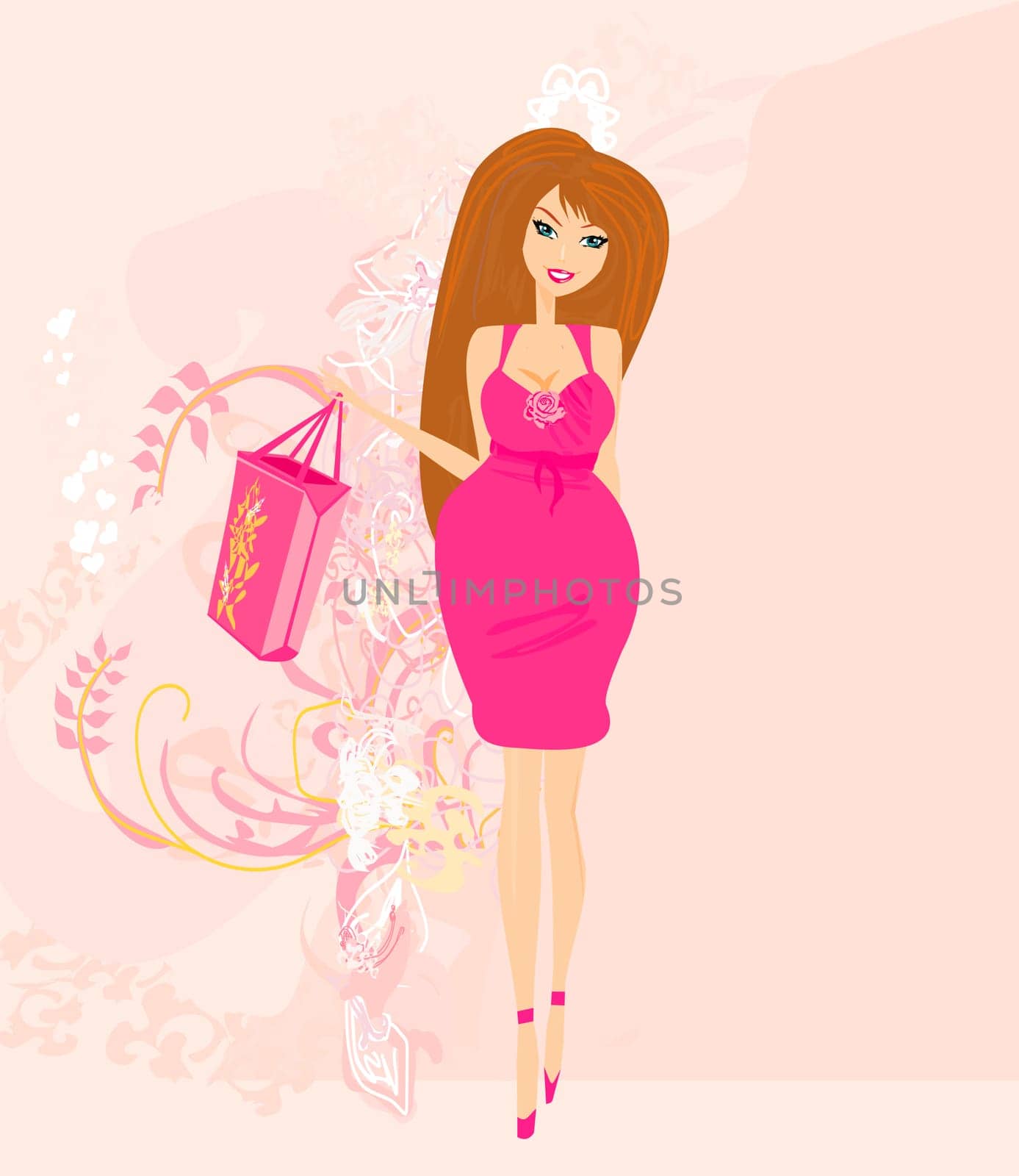 Beautiful pregnant woman on shopping for her new baby Vector Illustration
