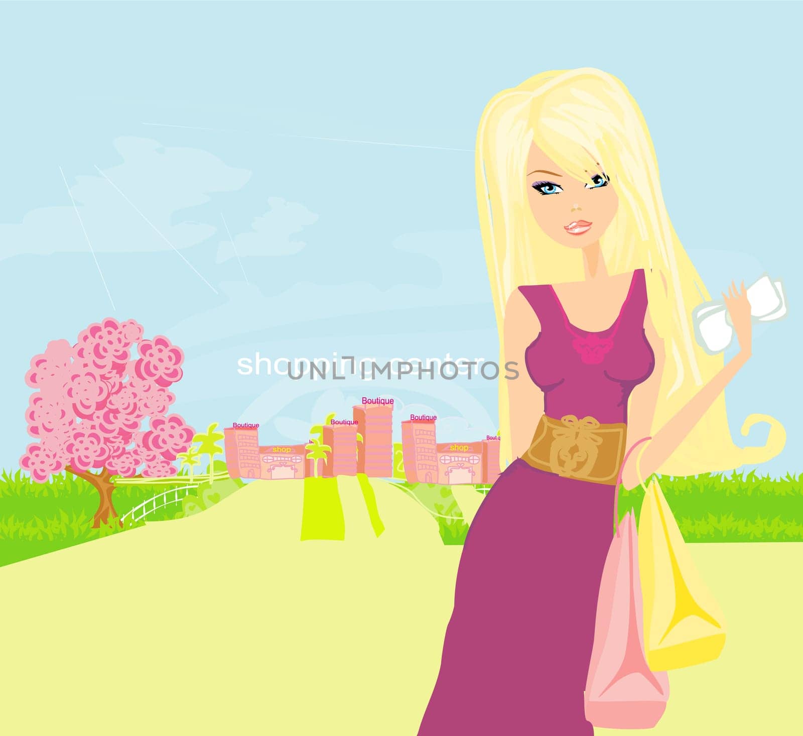 Cute fashion girl on a shopping center background