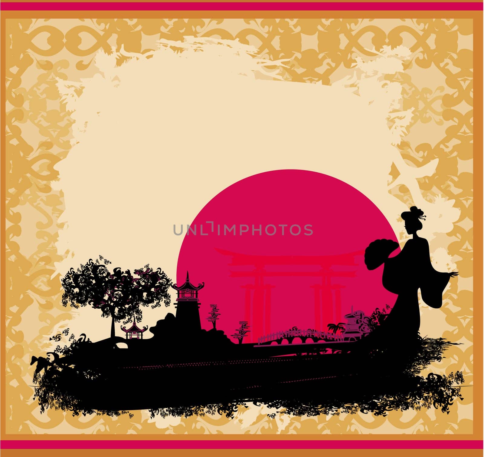 abstract Asian Landscape and beautiful Asian geisha girl