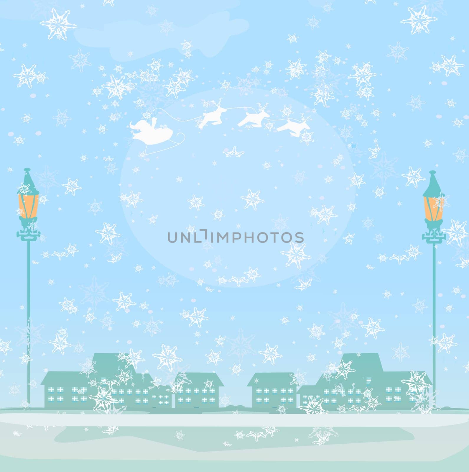 Happy New year card with Santa and winter landscape