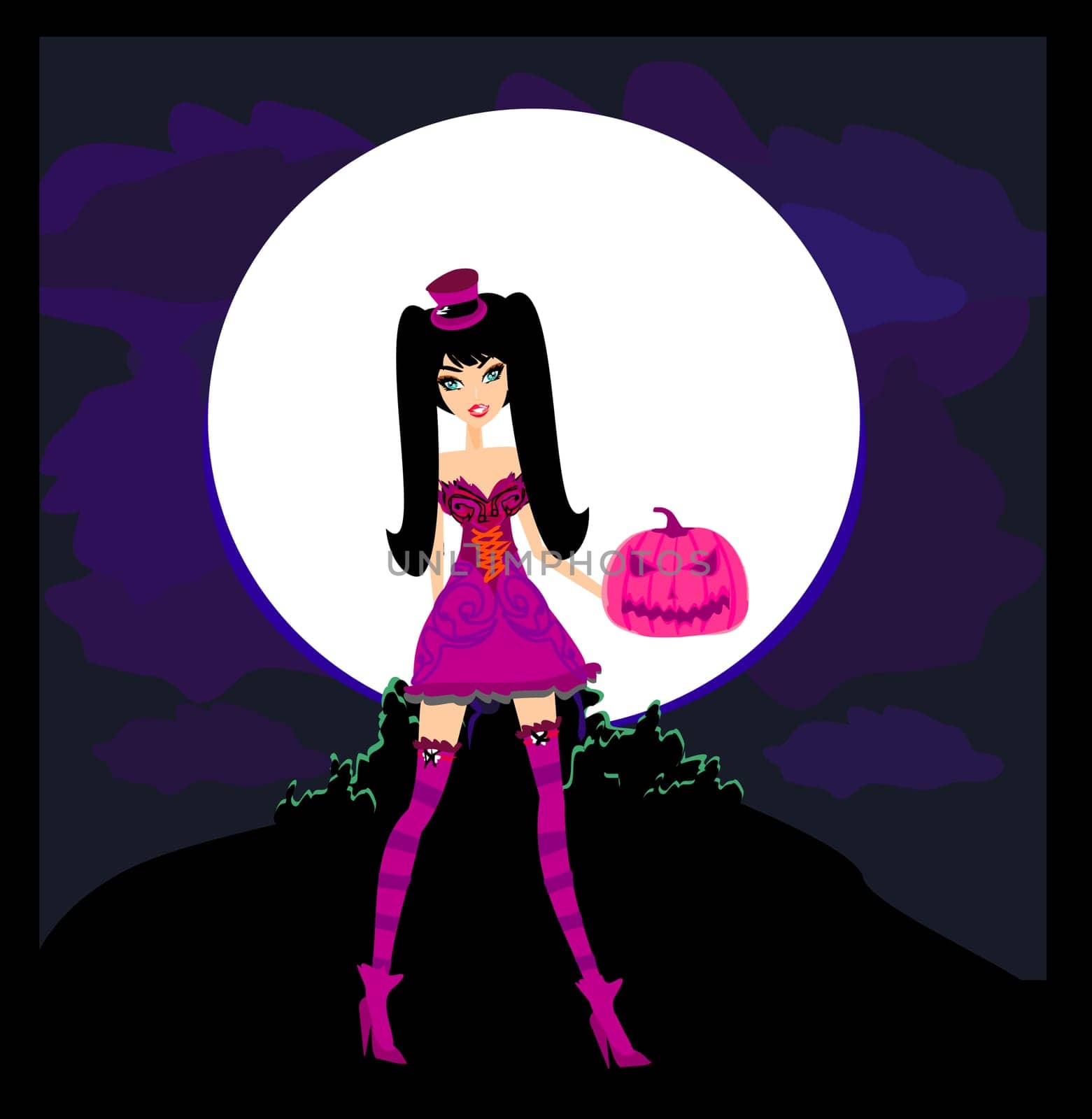 Halloween witch standing with pumpkin